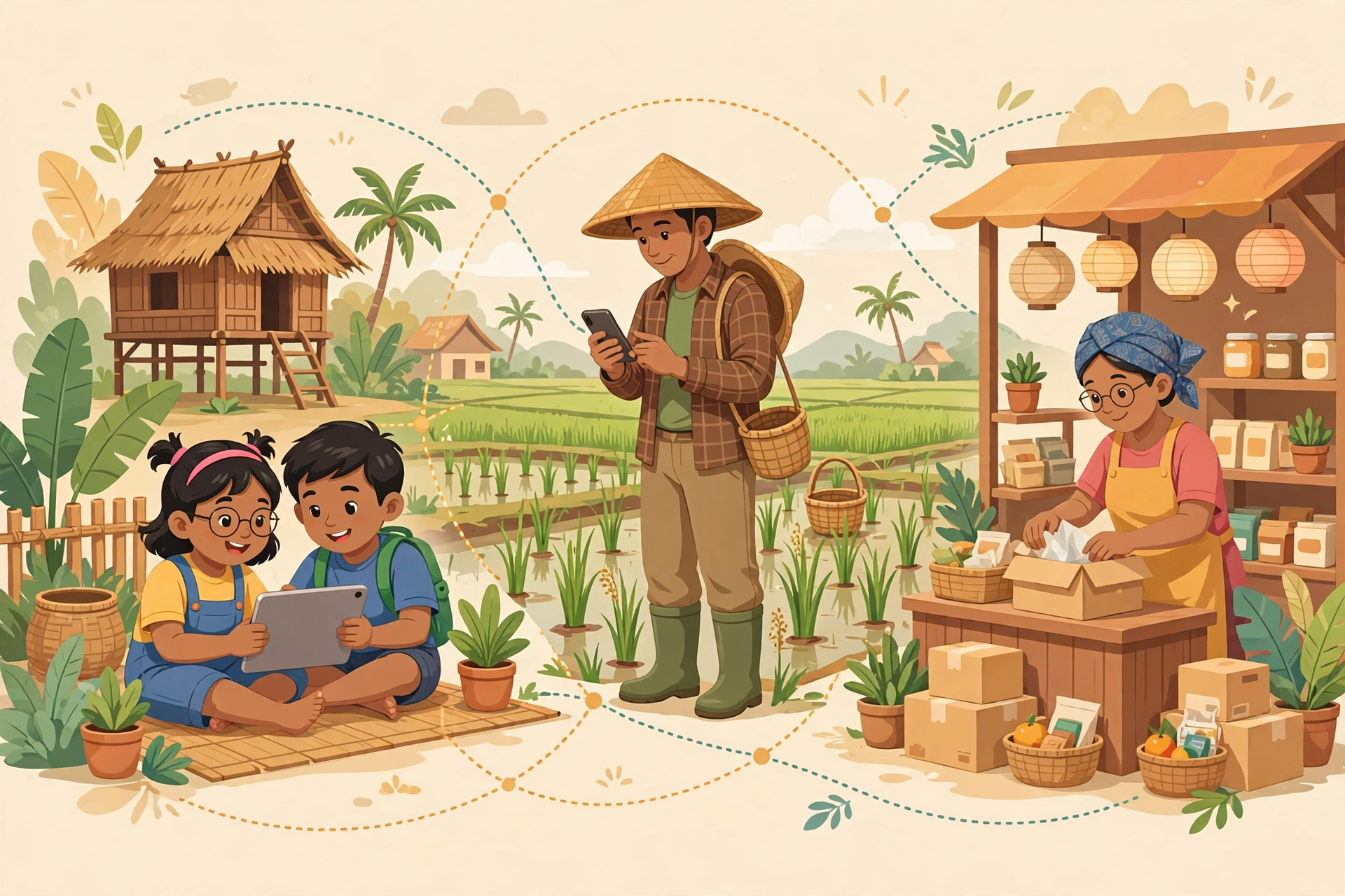Warga desa belajar online, petani mengecek harga, dan pedagang berjualan online