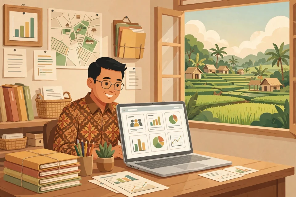 Ilustrasi perangkat desa mengelola data desa secara digital di kantor desa