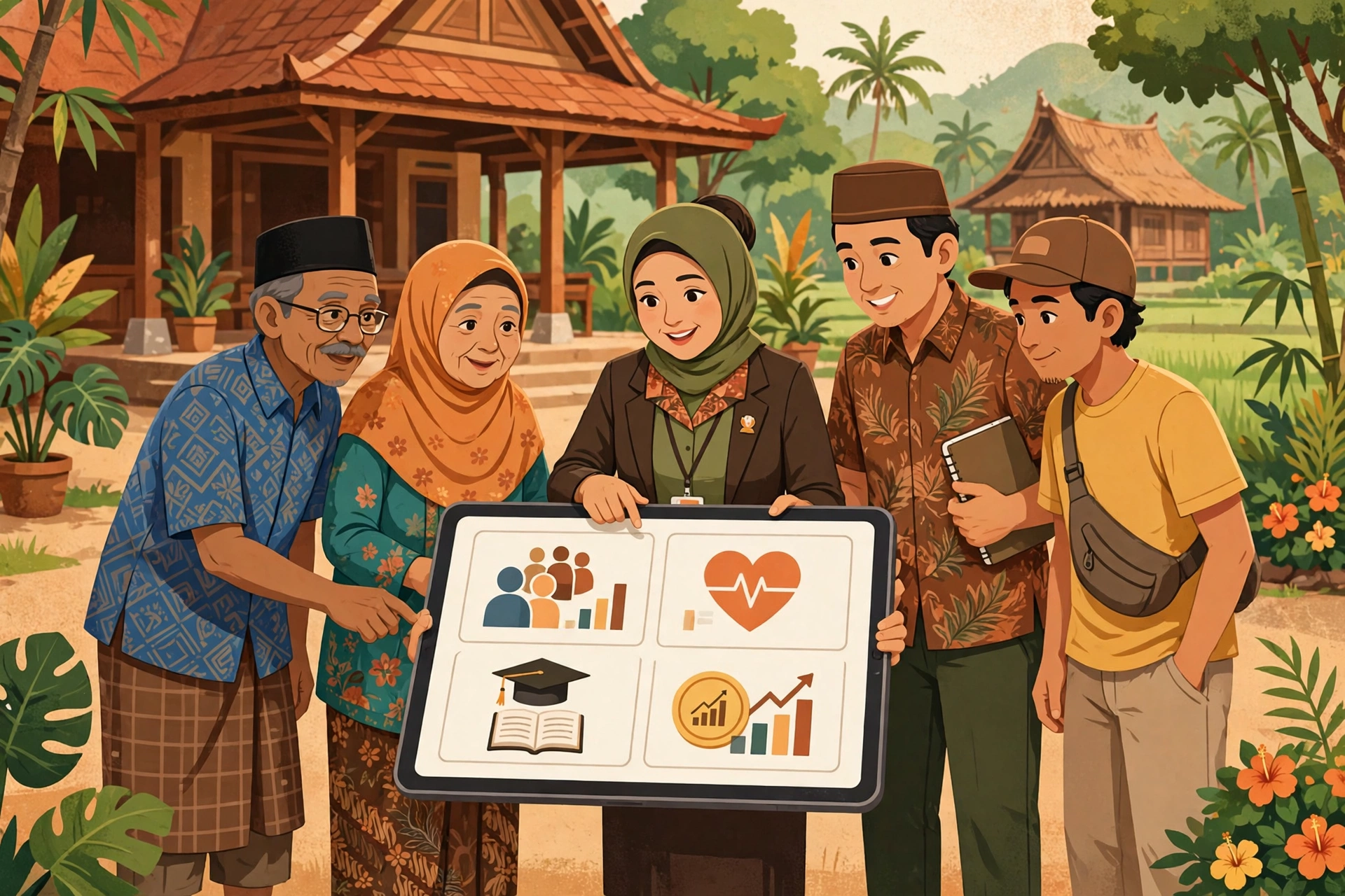 Warga dan perangkat desa melihat data desa di tablet digital