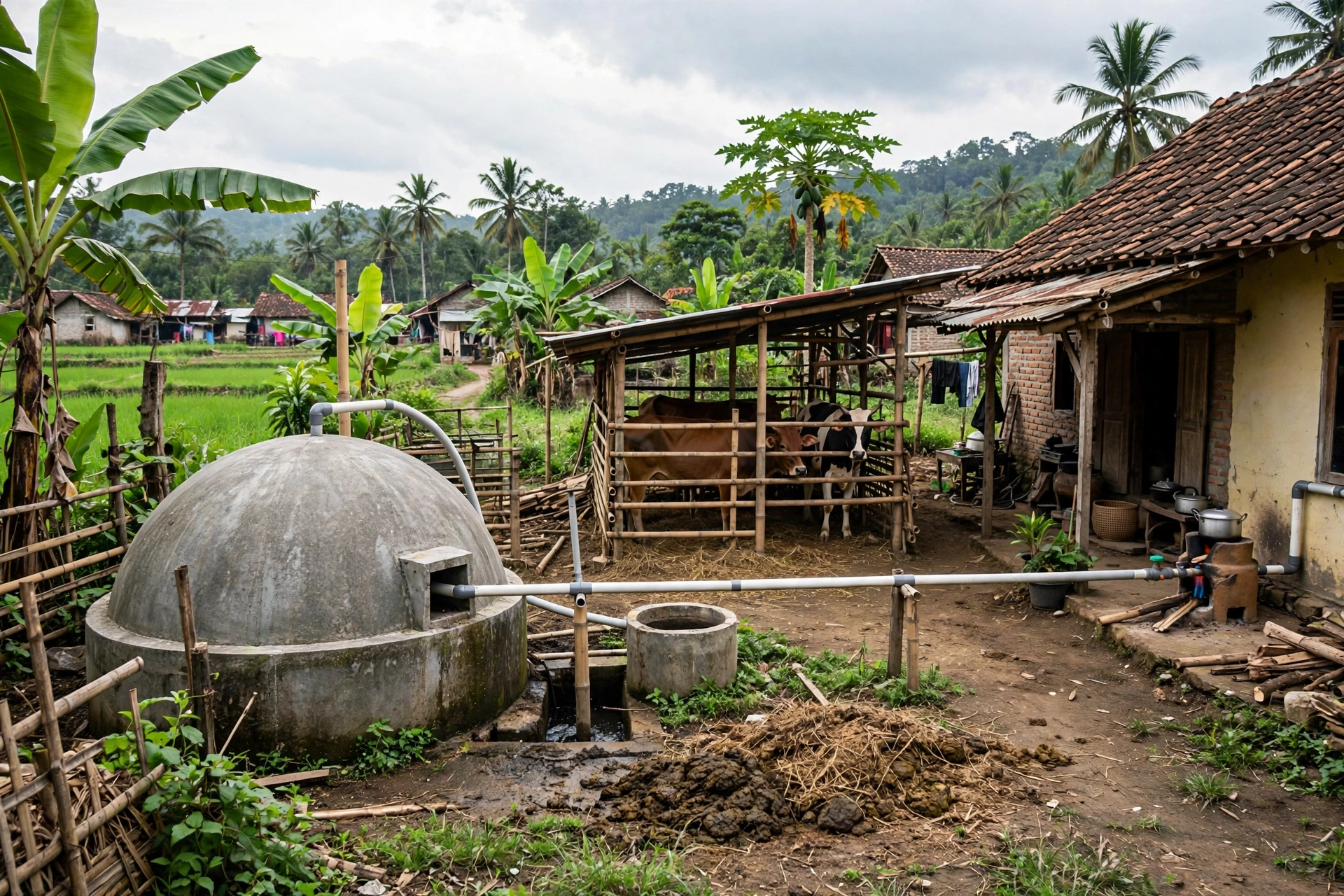 Instalasi biogas sederhana di peternakan desa
