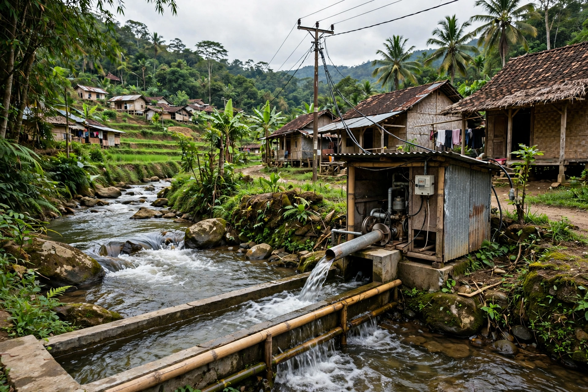 Pembangkit listrik tenaga mikrohidro di sungai desa