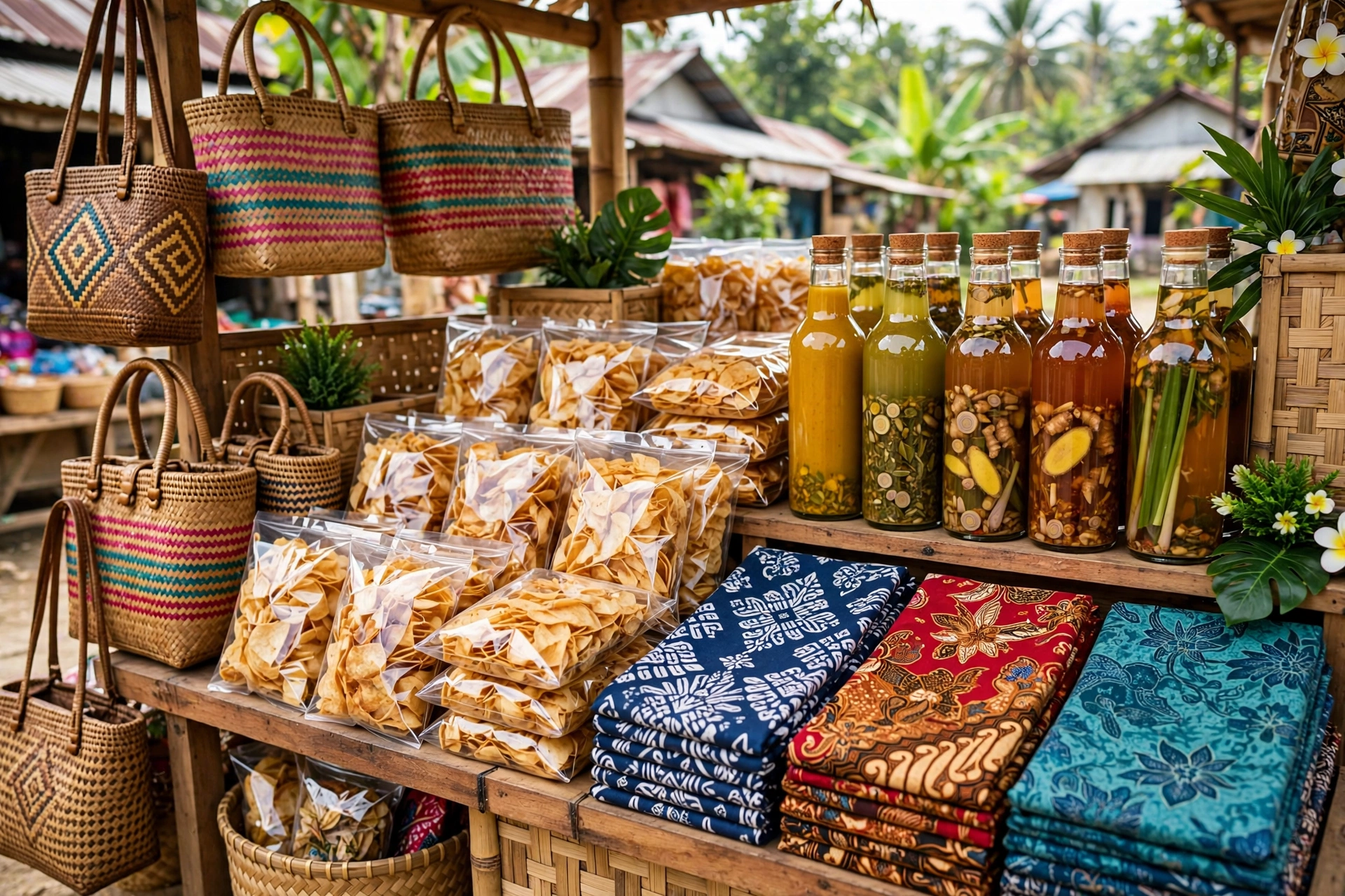 Produk UMKM desa yang dipajang rapi di lapak pasar