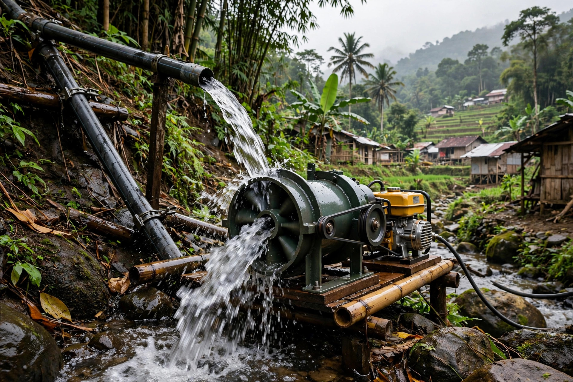 Turbin air crossflow kecil untuk pembangkit listrik mikrohidro desa