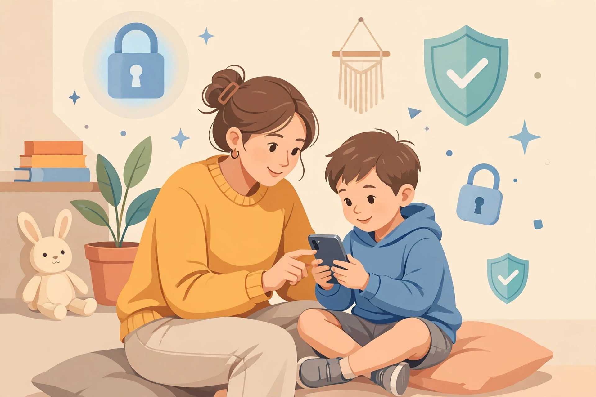 Orang tua mendampingi anak menggunakan ponsel dengan simbol keamanan digital