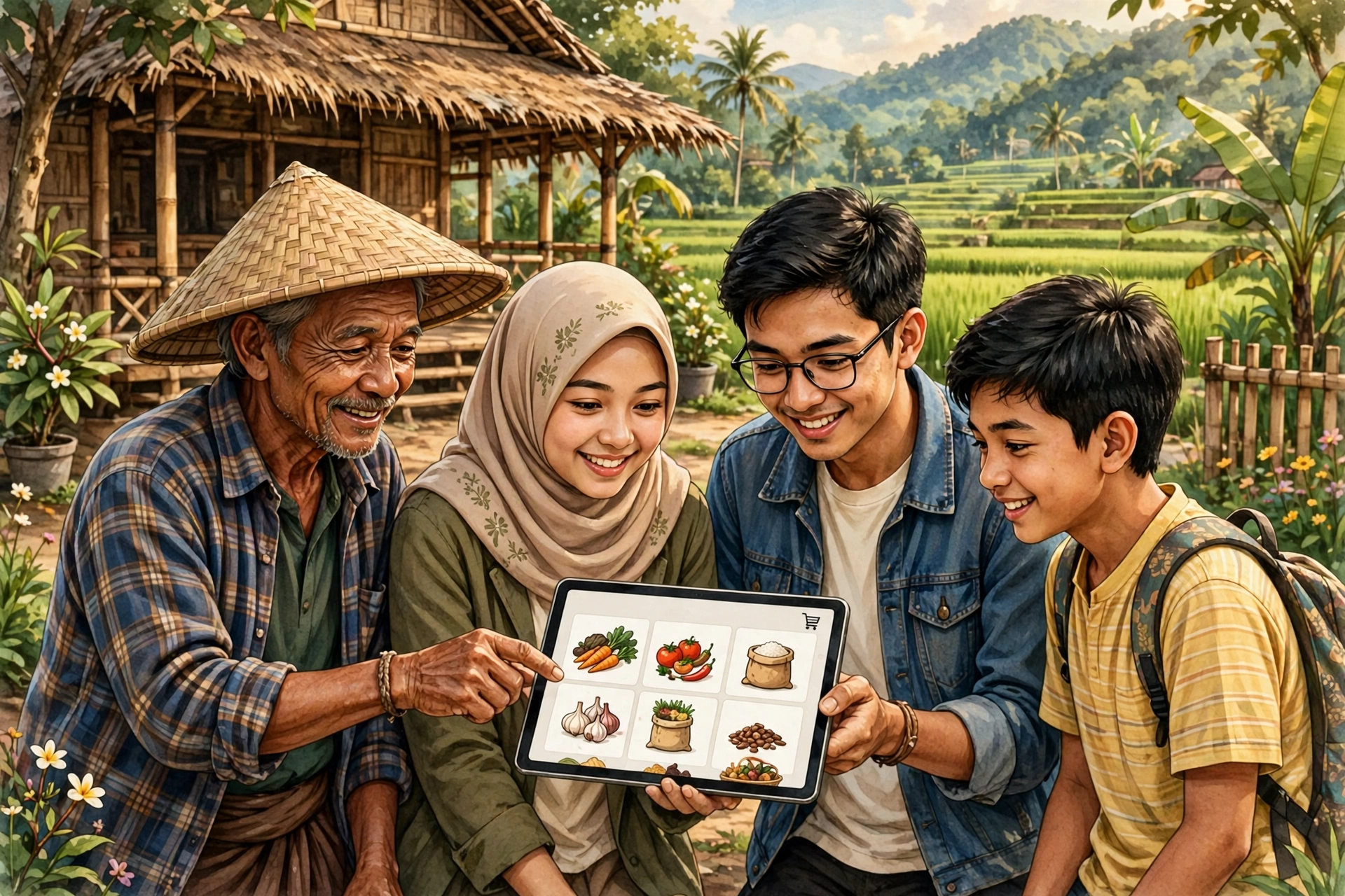 Warga desa dari berbagai usia belajar bersama memakai tablet