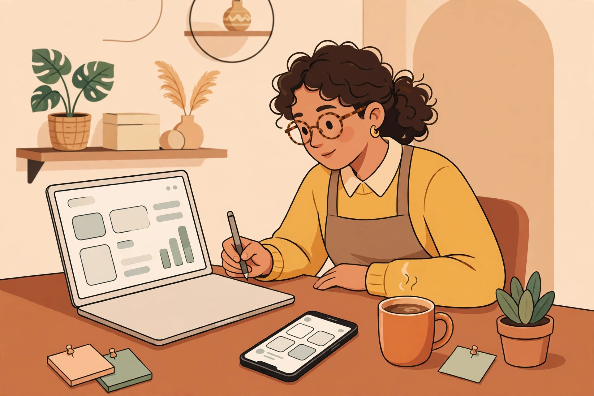 Ilustrasi pelaku usaha menyusun konten media sosial