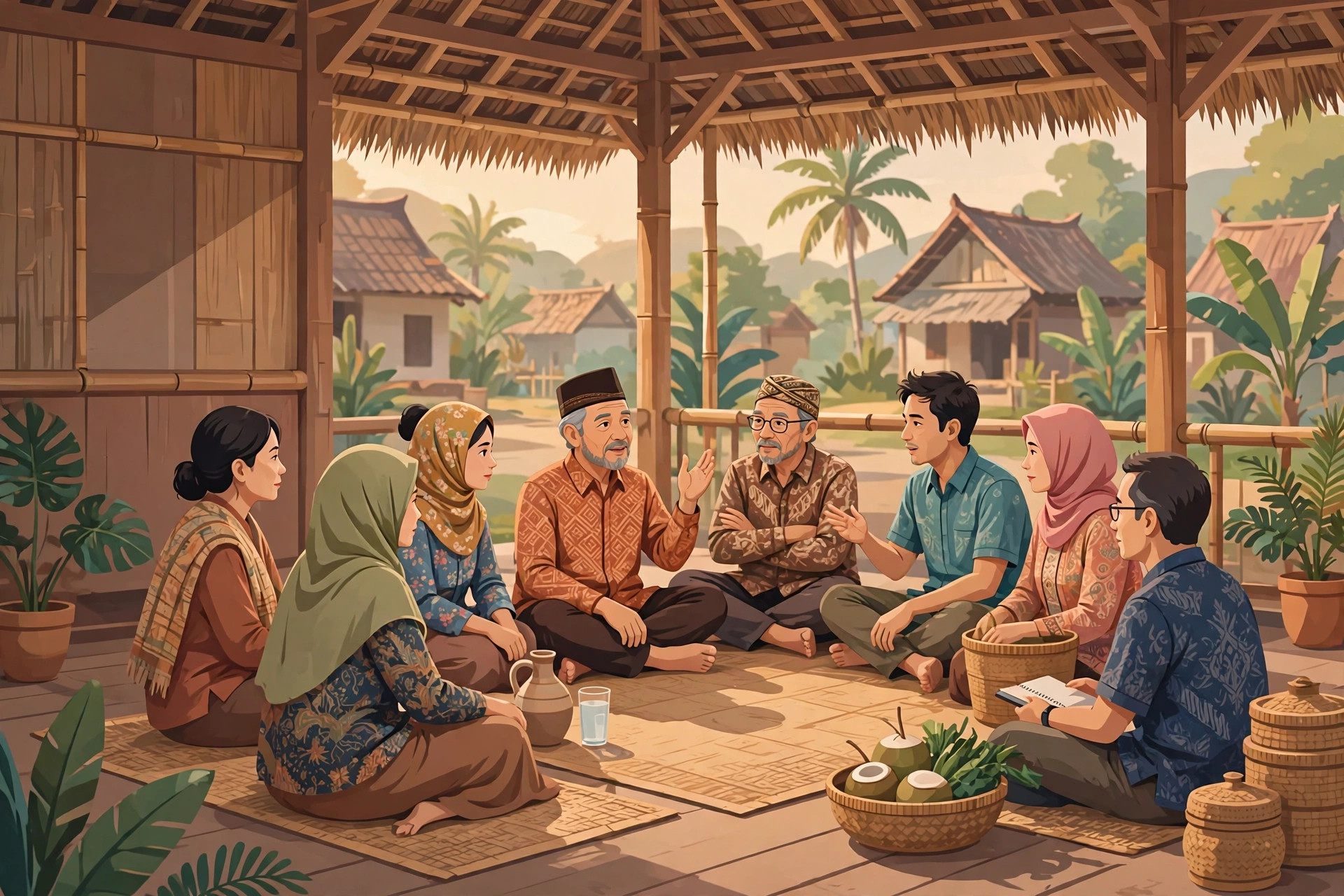 Warga desa bermusyawarah bersama kepala desa di balai desa