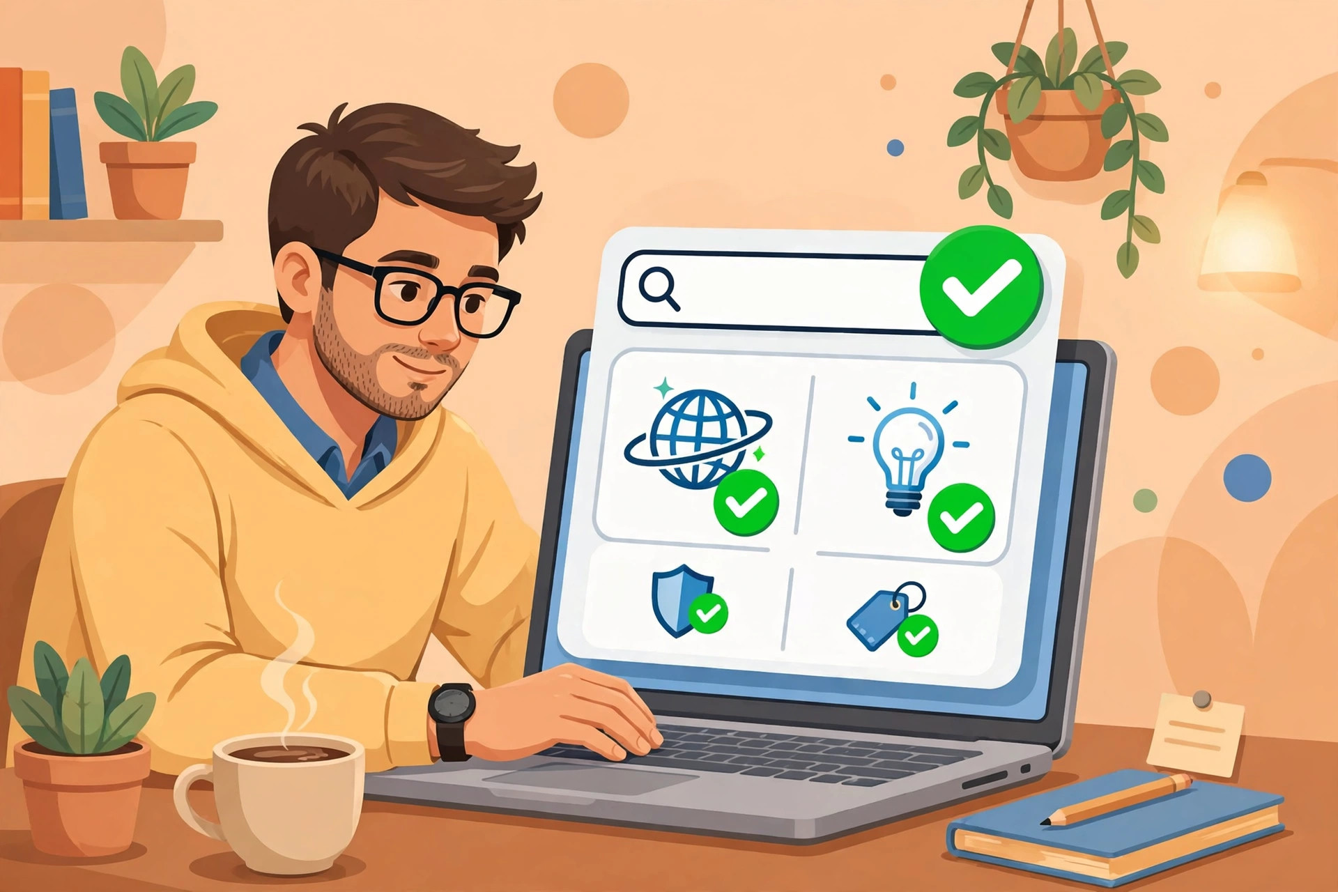 Ilustrasi pebisnis yang memeriksa ketersediaan nama domain untuk startup di laptop