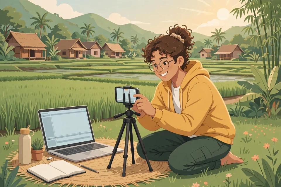 Ilustrasi kreator konten desa merekam video di depan sawah