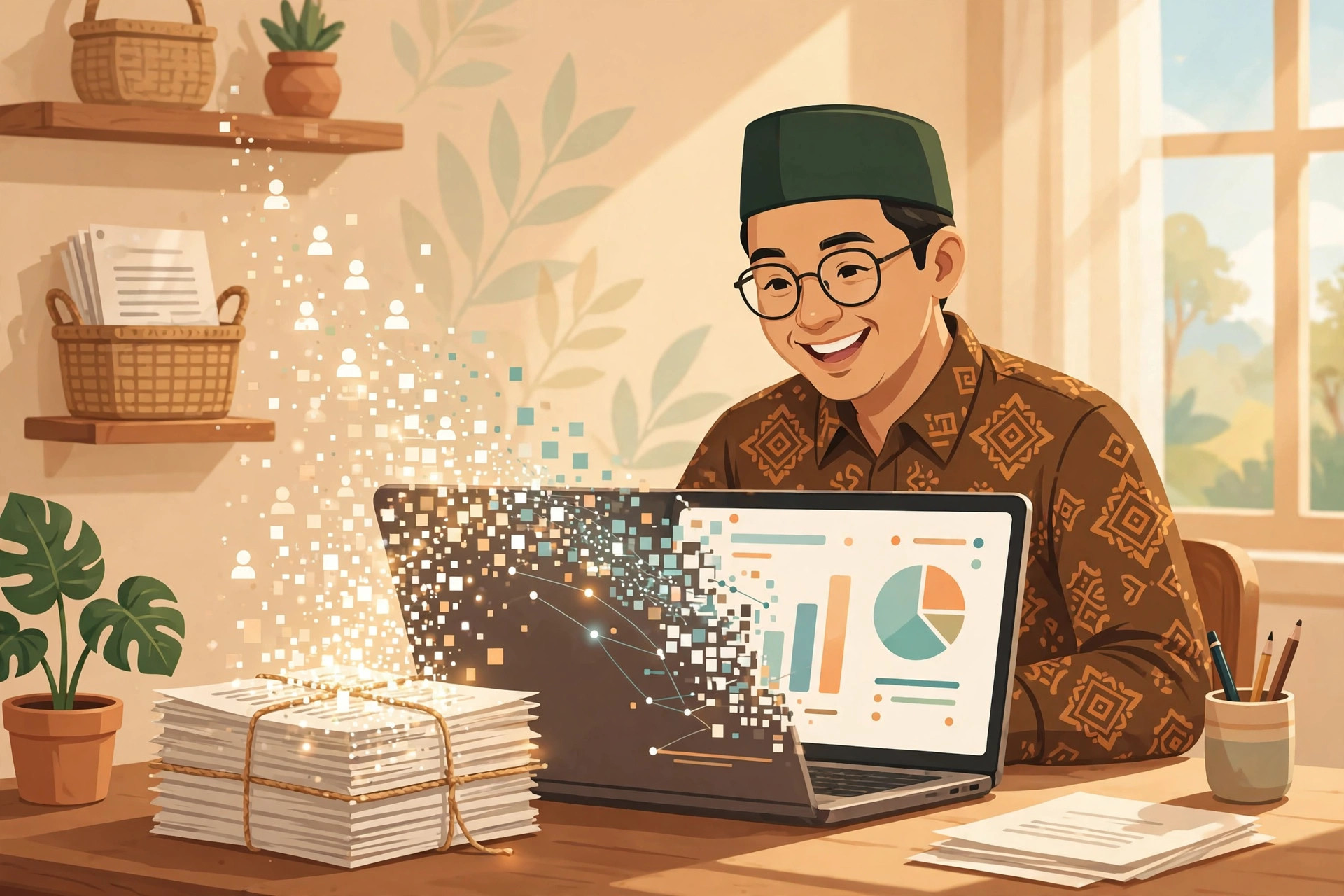 Ilustrasi perangkat desa yang tersenyum mengolah data penduduk di laptop, arsip kertas berubah menjadi data digital