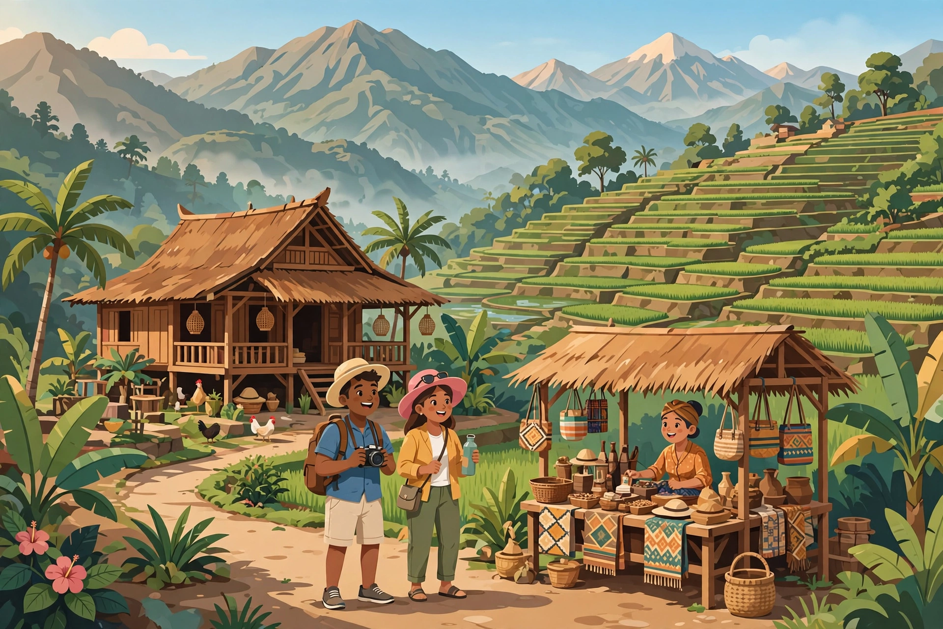 Ilustrasi wisata desa: wisatawan menikmati keindahan desa tradisional