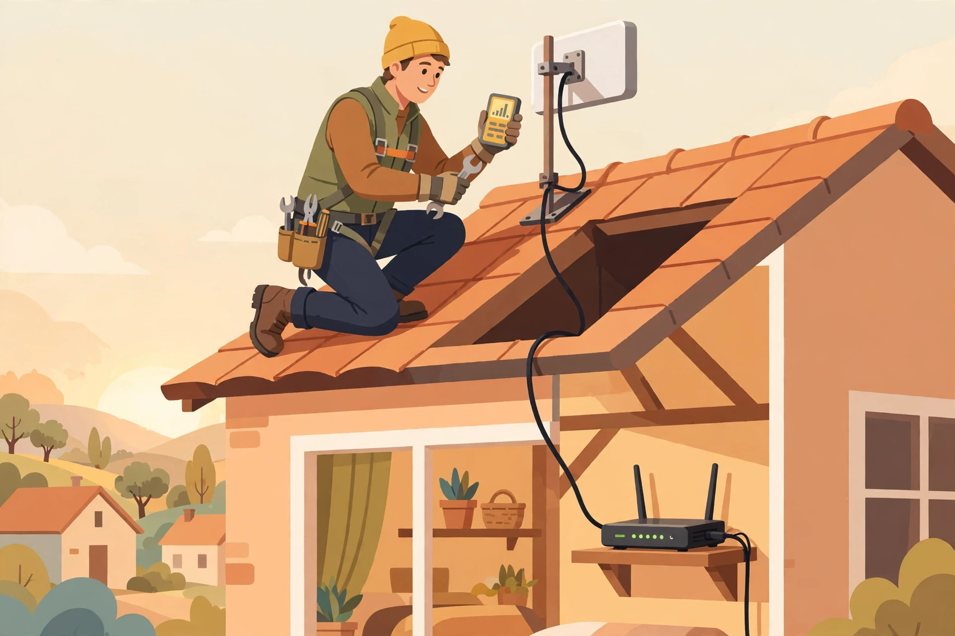 Teknisi memasang antena internet di atap rumah desa