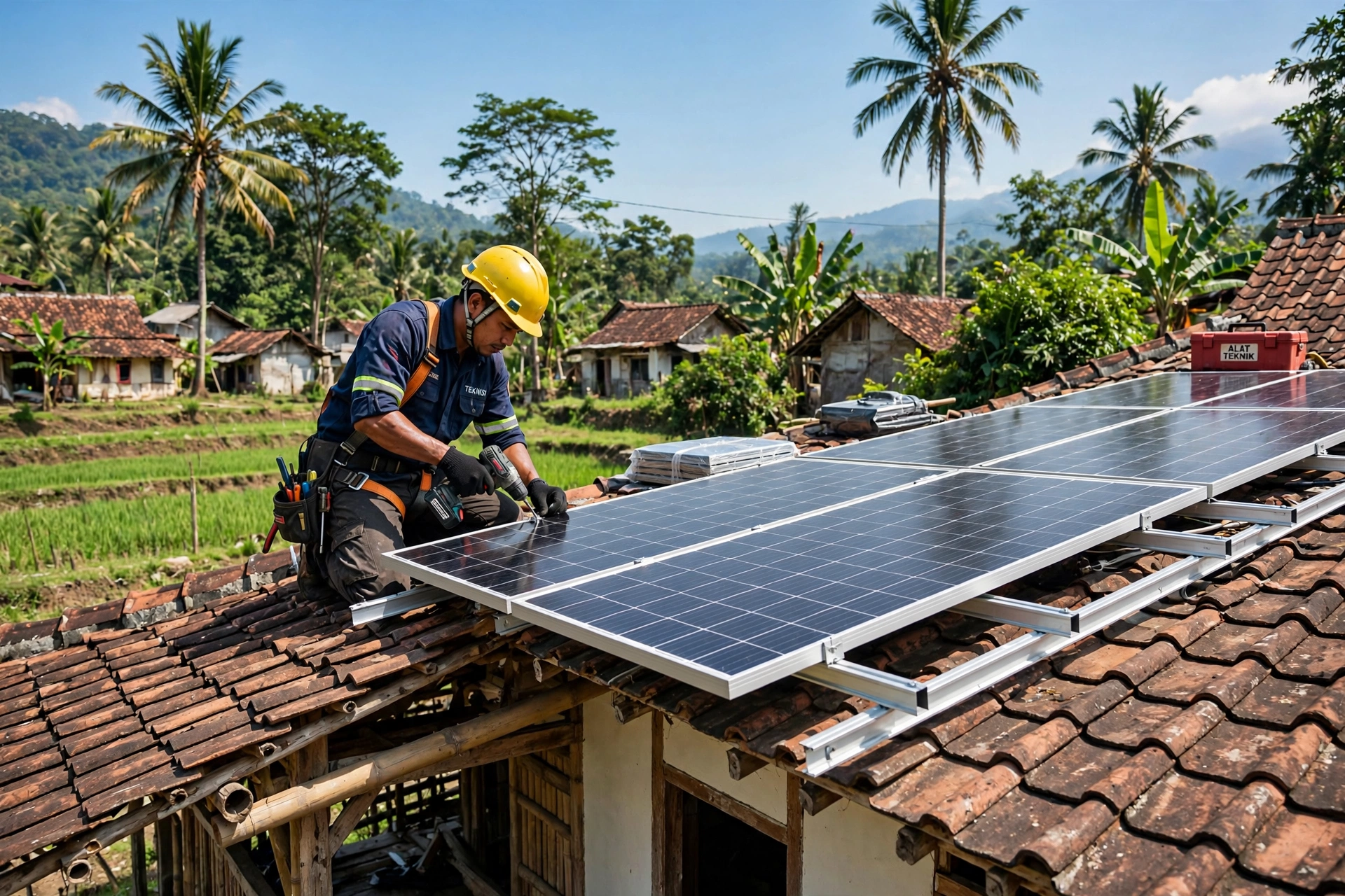 Teknisi memasang panel surya di atap rumah desa
