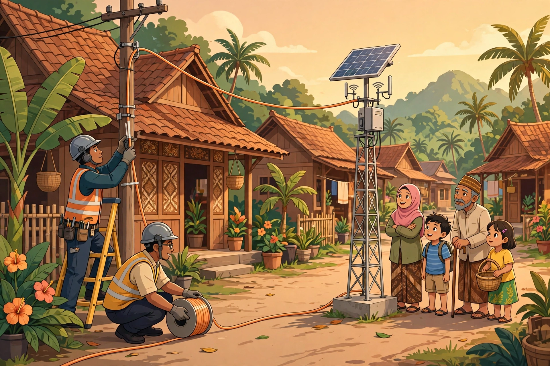 Teknisi memasang kabel fiber optik dan menara wifi di desa