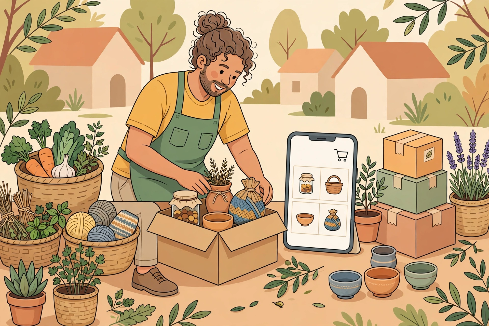 Ilustrasi pelaku usaha desa mengemas produk lokal untuk dijual secara online