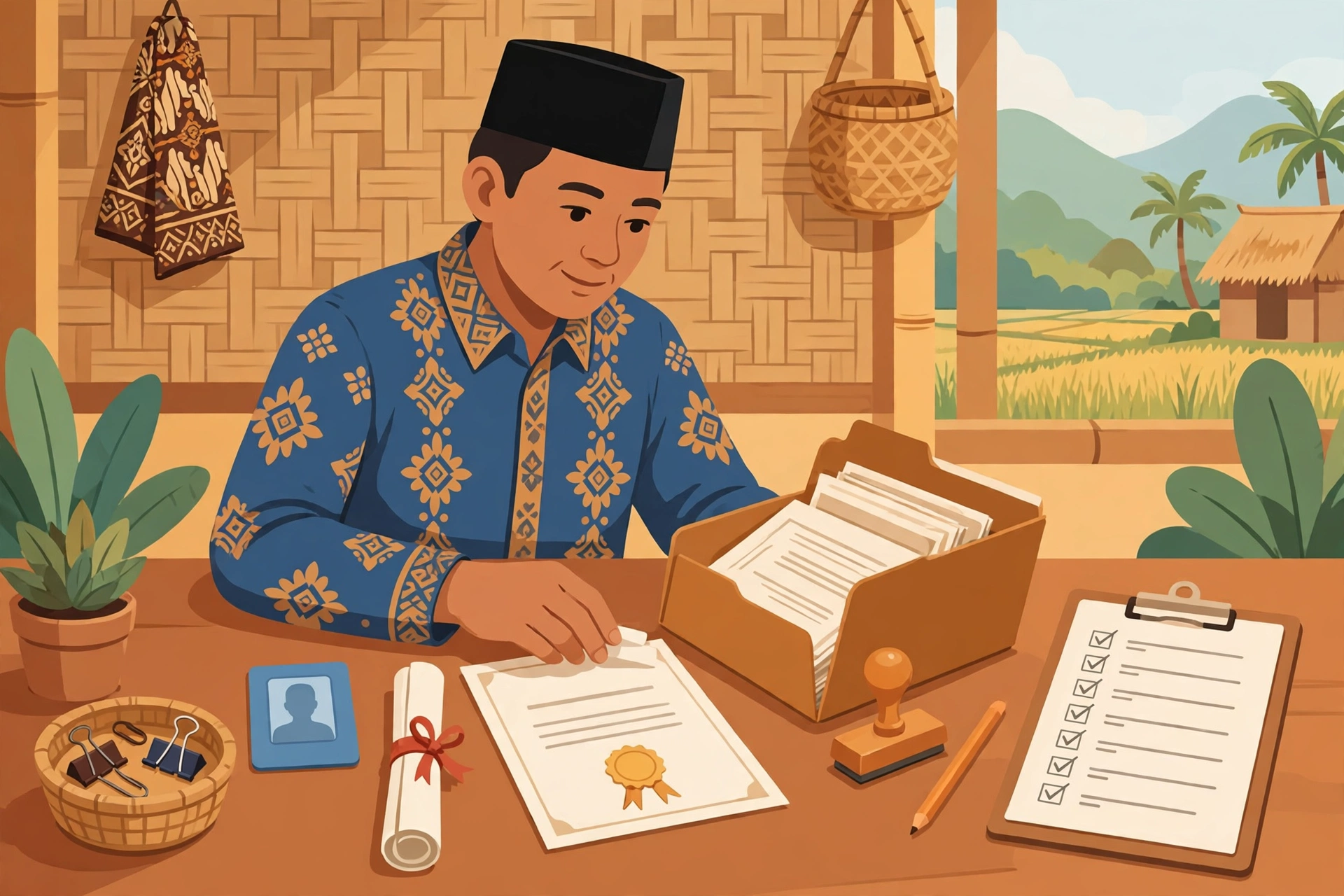 Ilustrasi warga menyiapkan dokumen pendaftaran pendamping desa