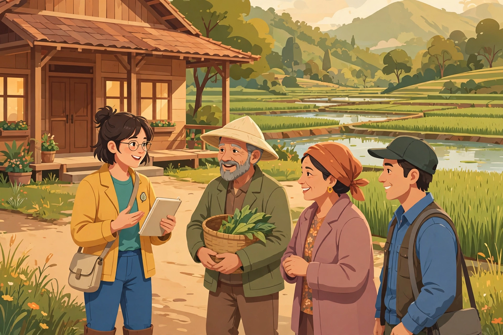 Ilustrasi pendamping desa berdiskusi dengan warga di lapangan