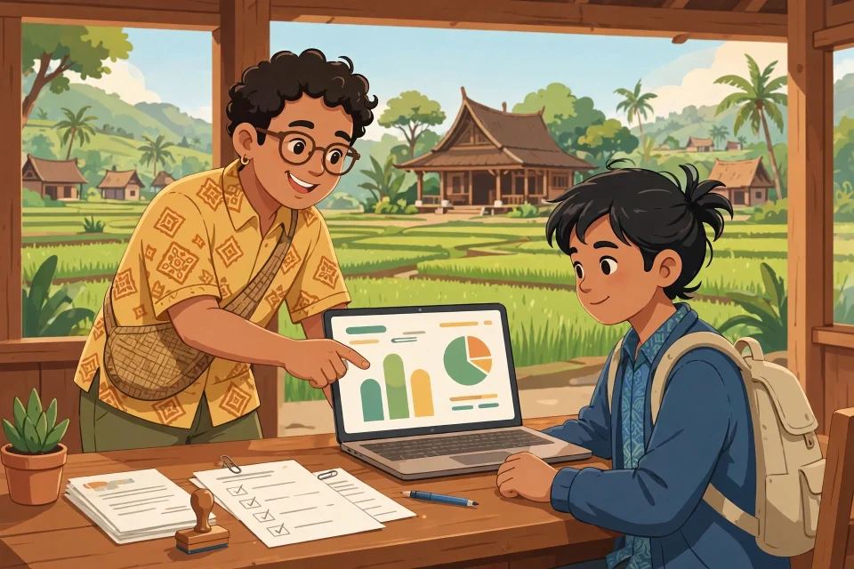 Ilustrasi pendamping desa membantu warga mendaftar di kantor desa