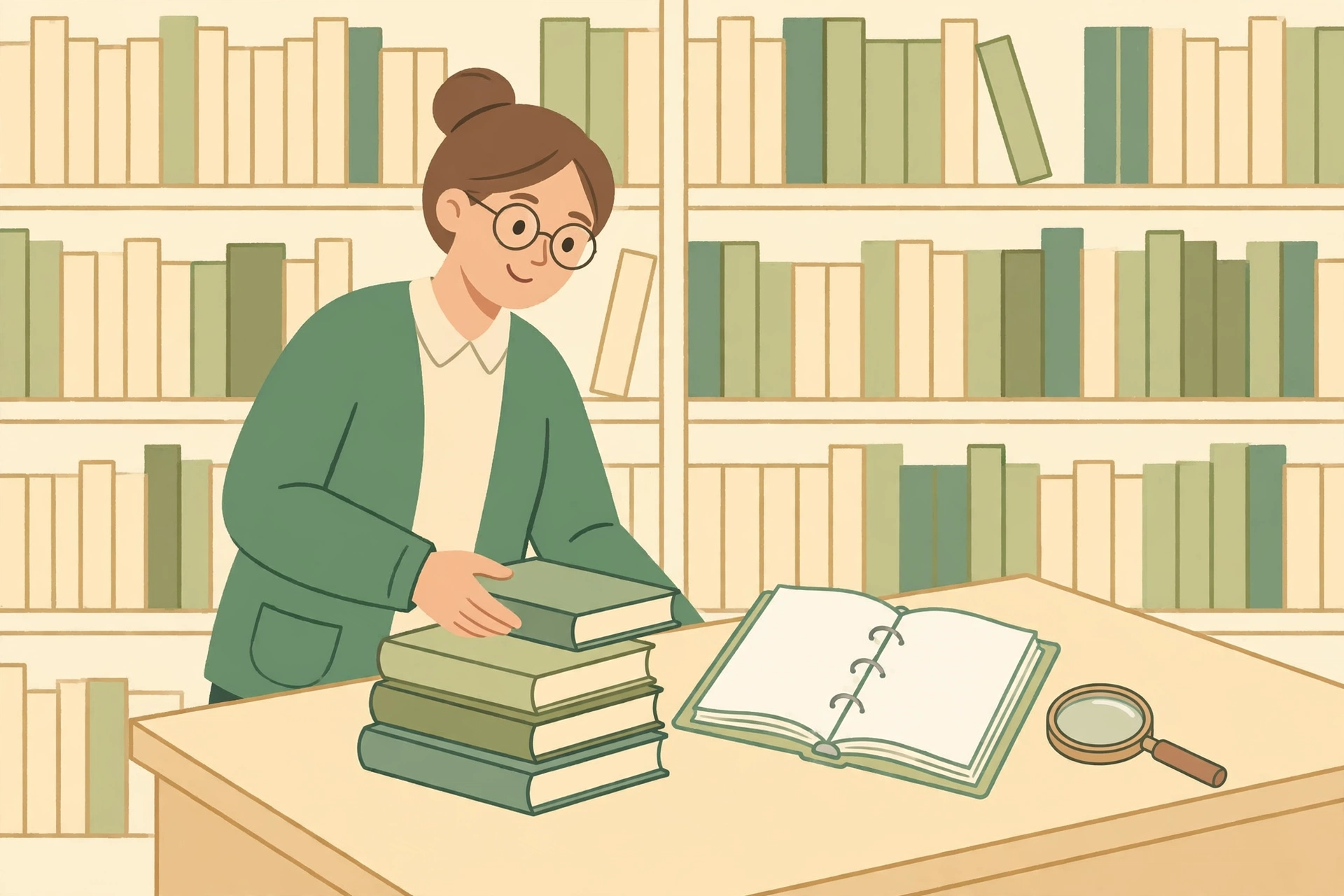 Ilustrasi pustakawan menyusun buku dan laporan perpustakaan desa