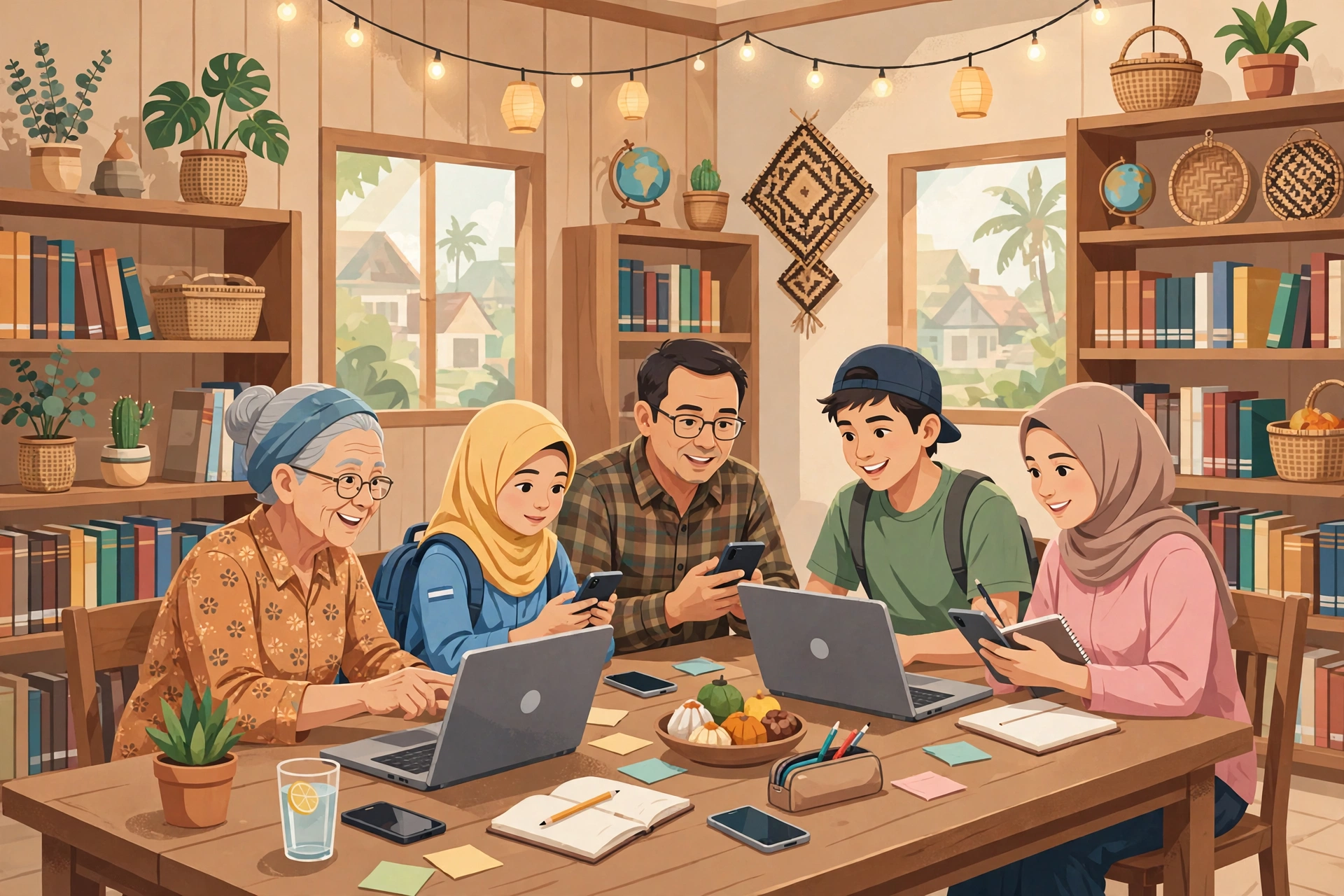 Warga desa belajar bersama menggunakan laptop dan ponsel di perpustakaan desa