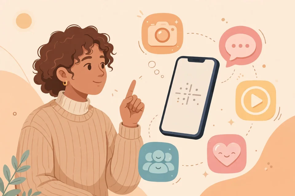 Ilustrasi seseorang memilih platform media sosial yang tepat di ponsel
