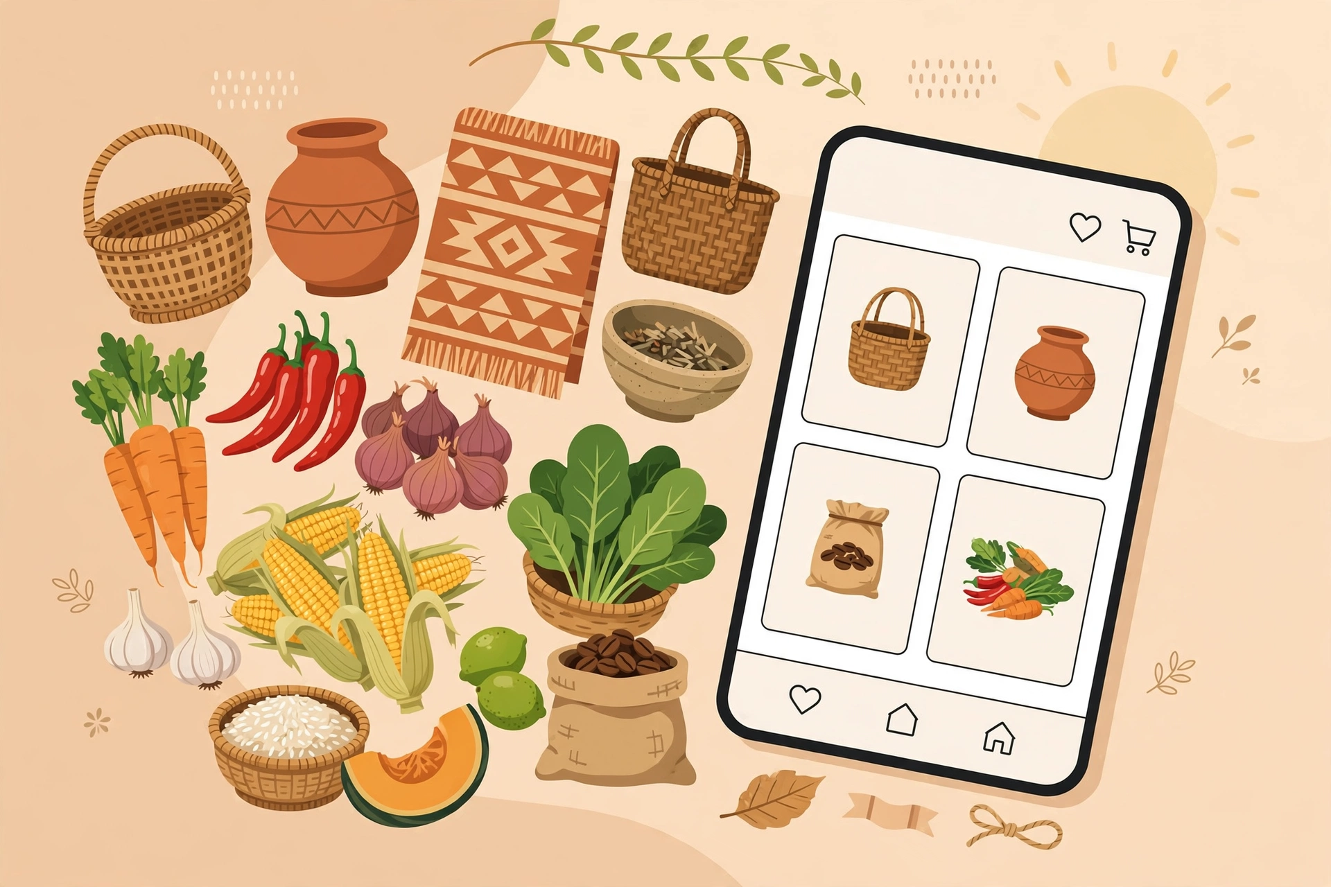 Ilustrasi potensi produk desa seperti hasil tani dan kerajinan yang dipasarkan secara online