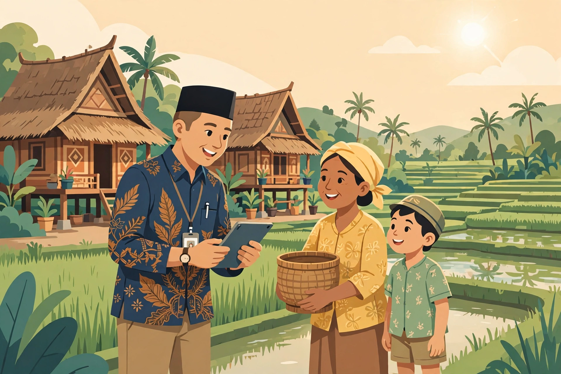 Perangkat desa mengumpulkan data profil desa dengan tablet
