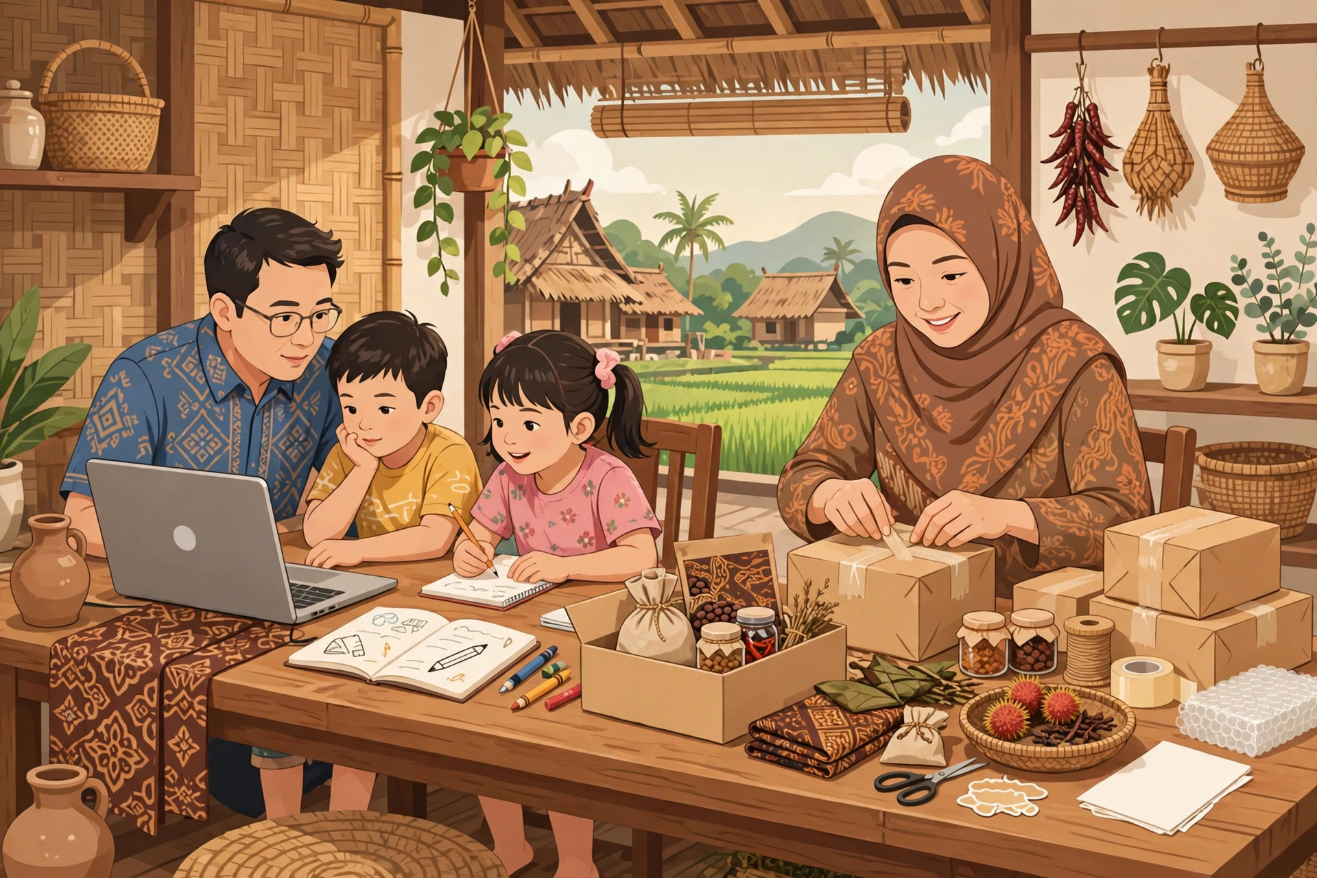 Keluarga desa belajar daring dan pelaku UMKM menjual produk secara online