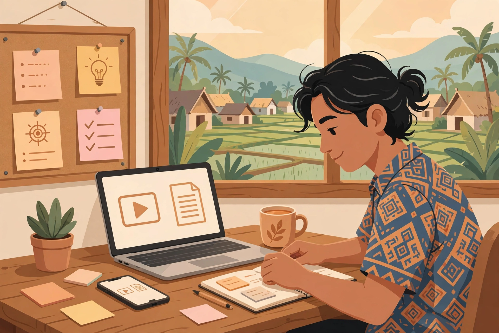 Ilustrasi kreator desa menyusun strategi konten dari hasil riset