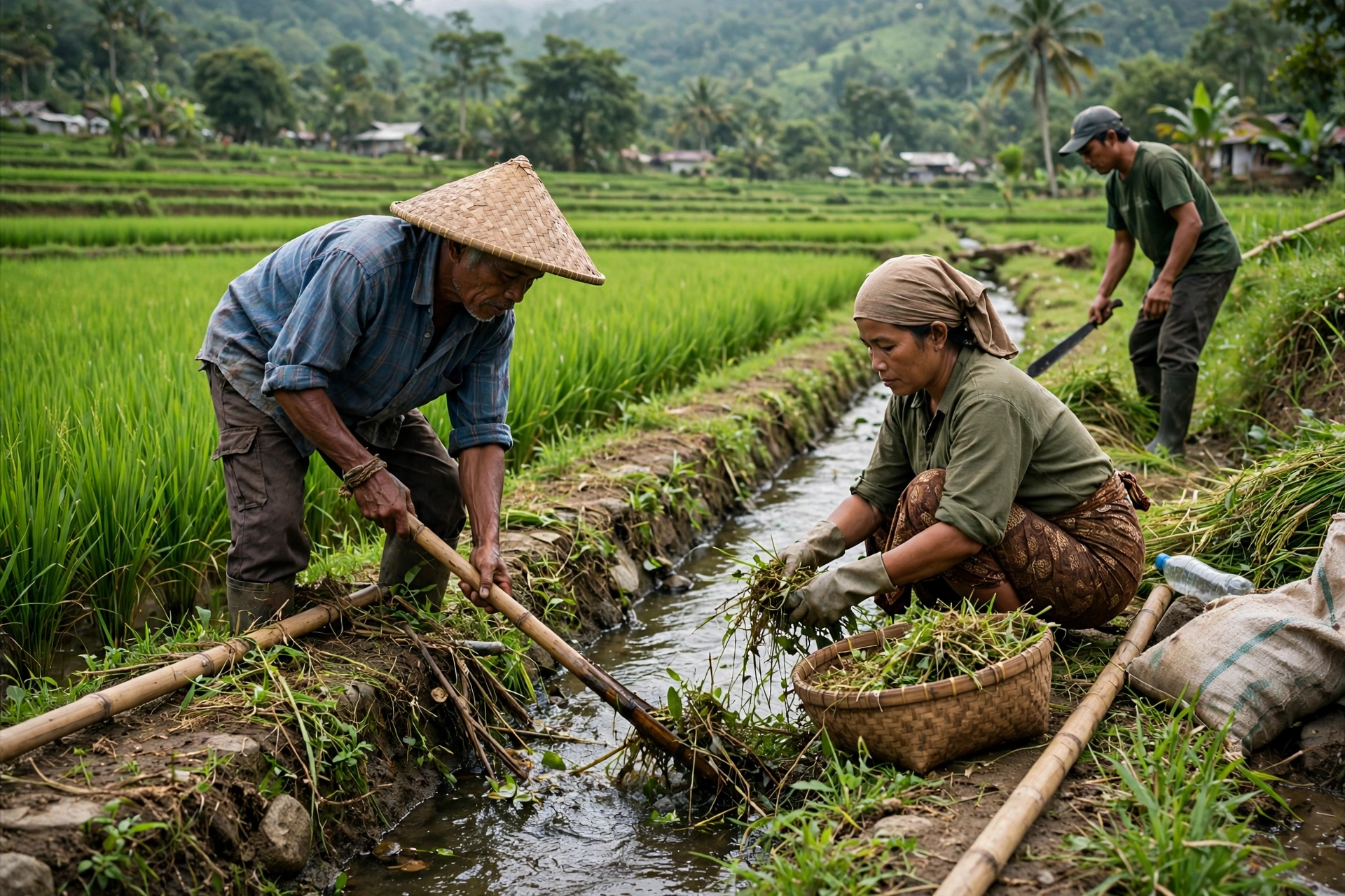 Petani merawat saluran irigasi di sawah hijau