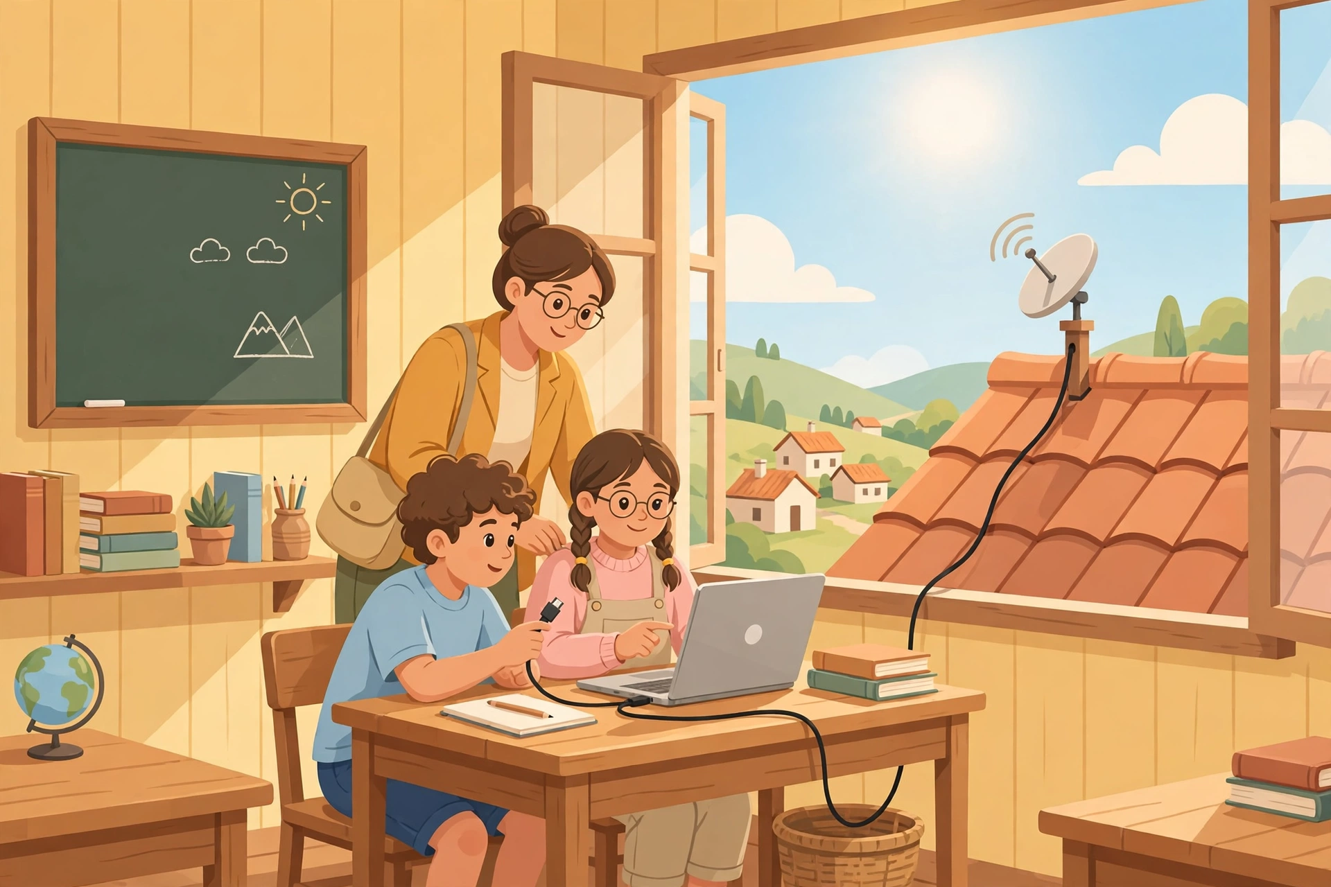 Ilustrasi guru desa mendampingi siswa belajar dengan laptop dan antena wifi