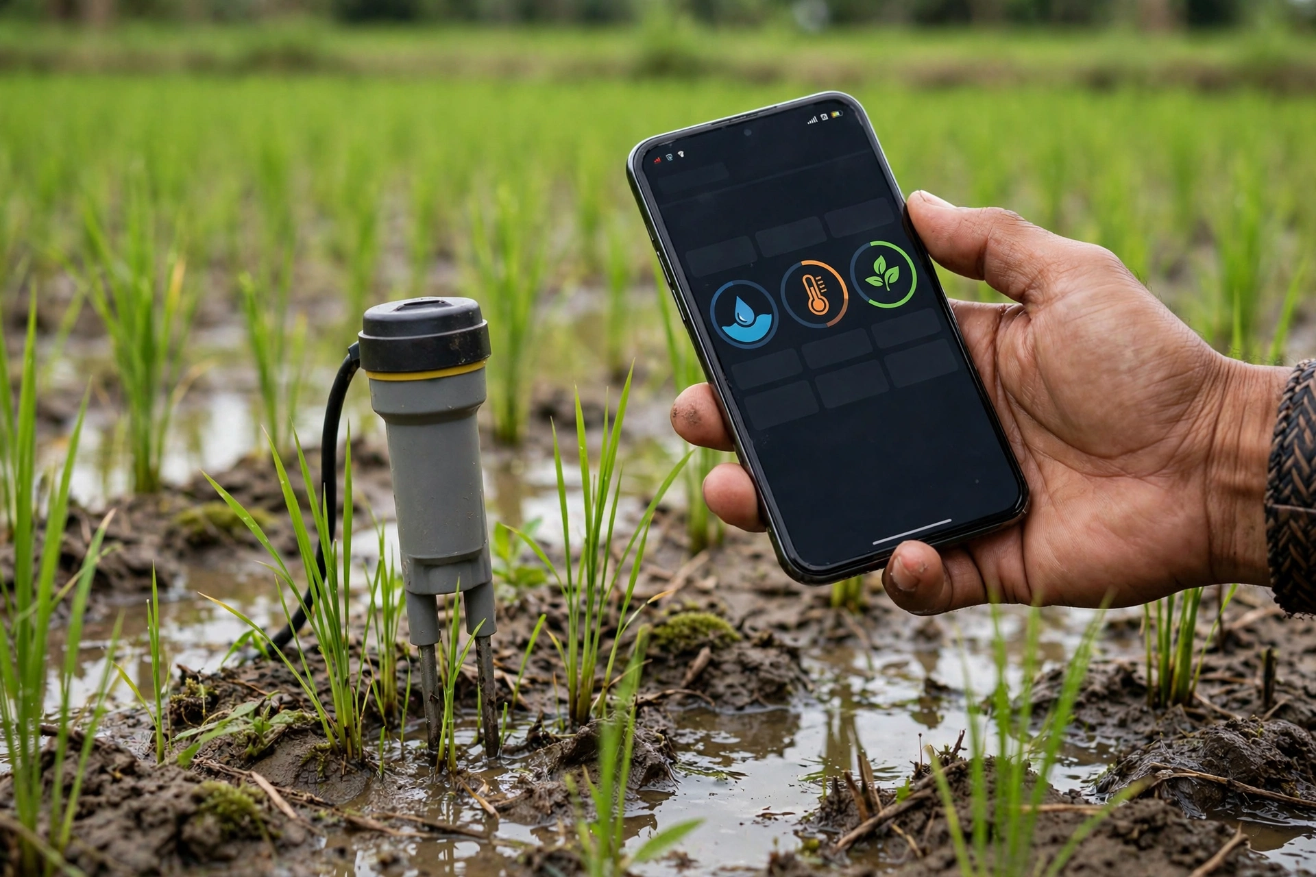 Sensor kelembapan tanah di sawah dan ponsel petani menampilkan data pertanian