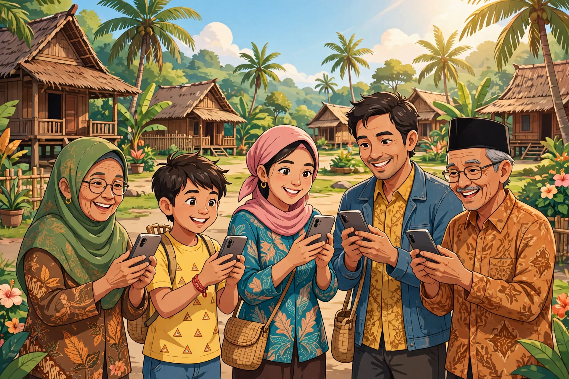 Warga desa mengakses layanan informasi desa melalui ponsel