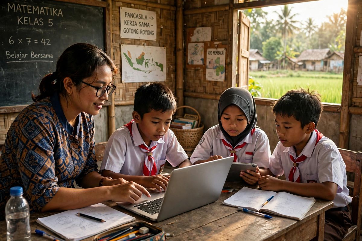 Guru mendampingi siswa belajar dengan laptop di sekolah desa