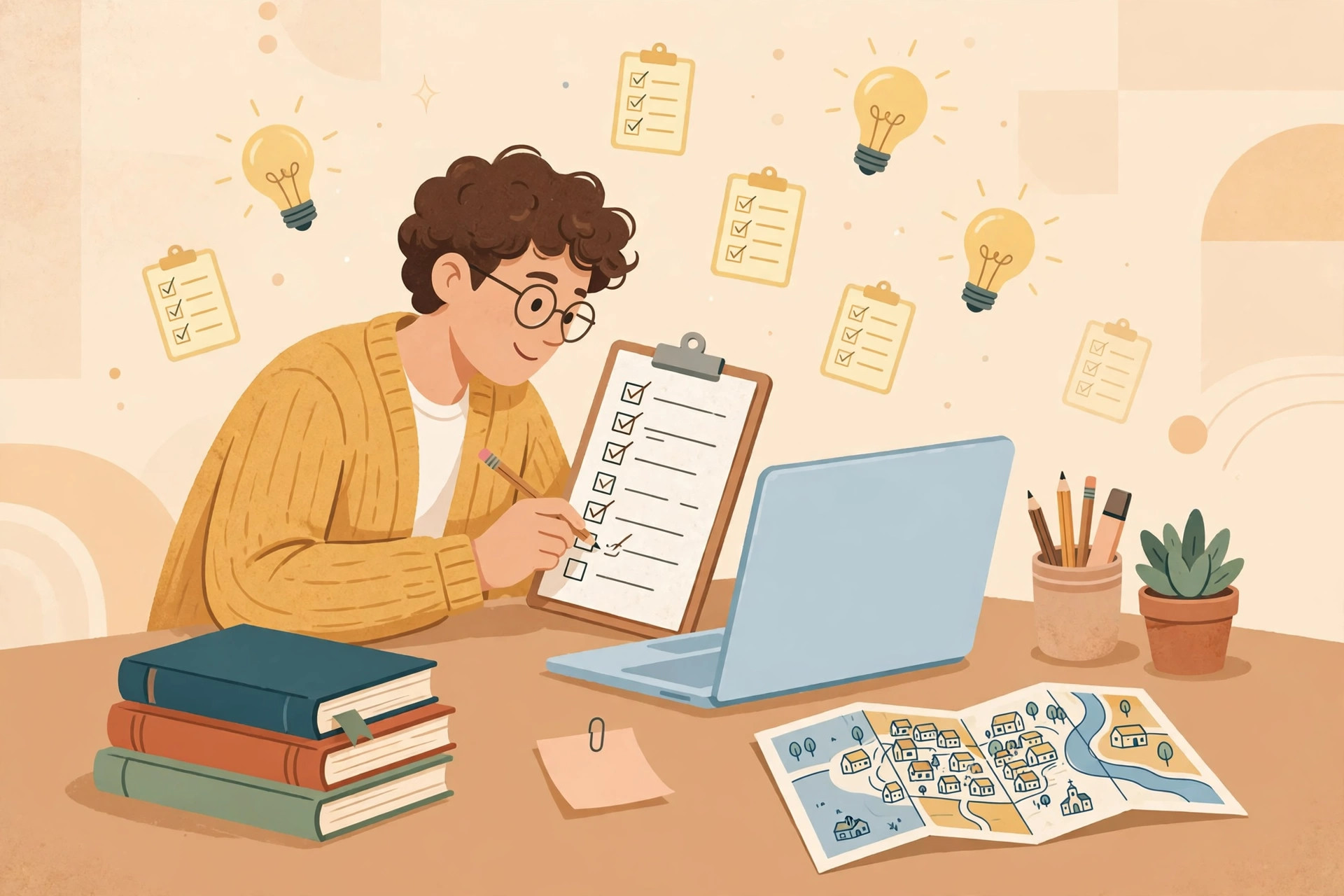 Persiapan belajar soal ujian perangkat desa dengan daftar periksa dan buku catatan
