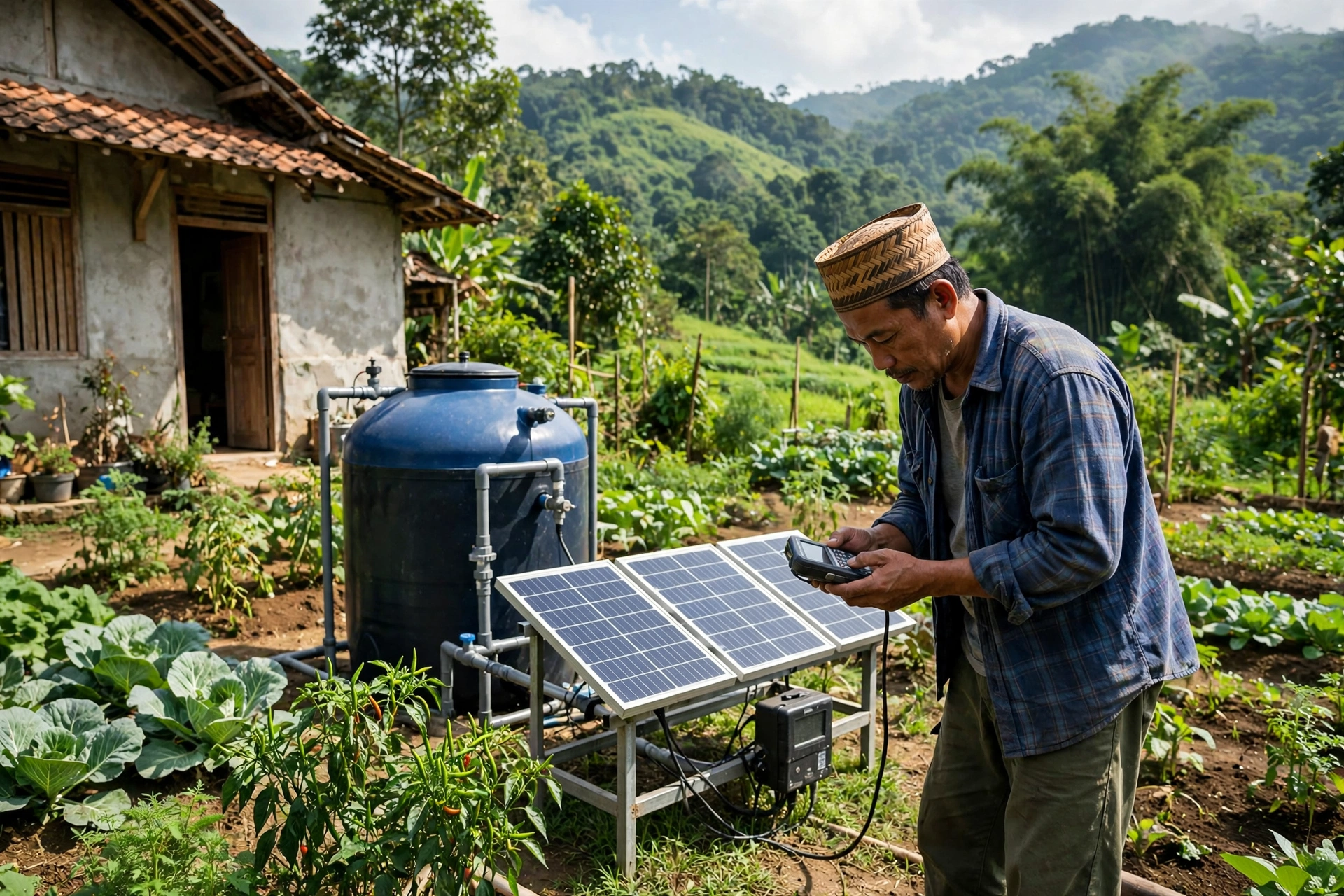 Panel surya dan instalasi biogas di rumah desa