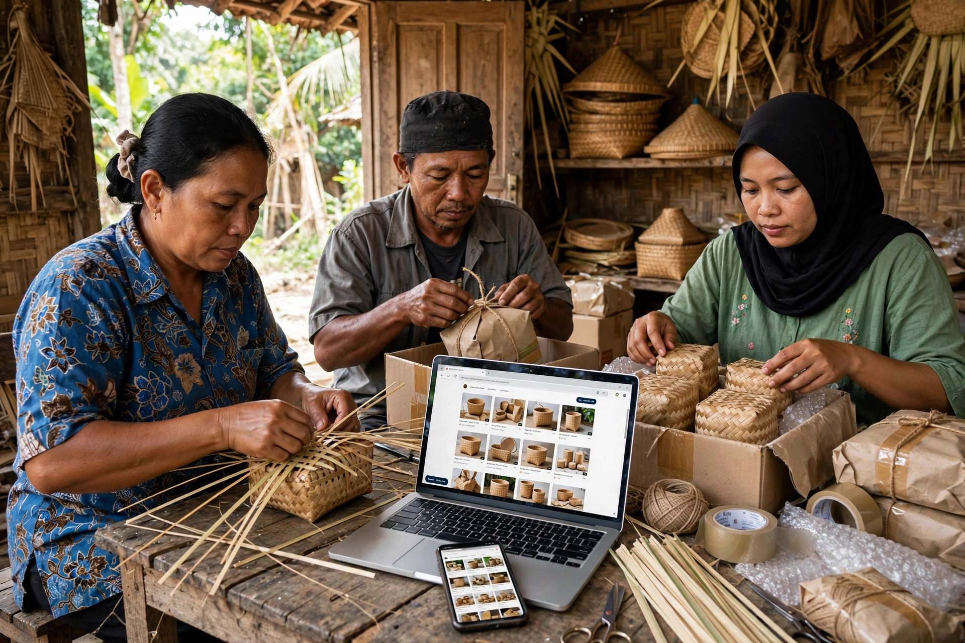 Pengrajin desa mengemas produk lokal untuk dijual online