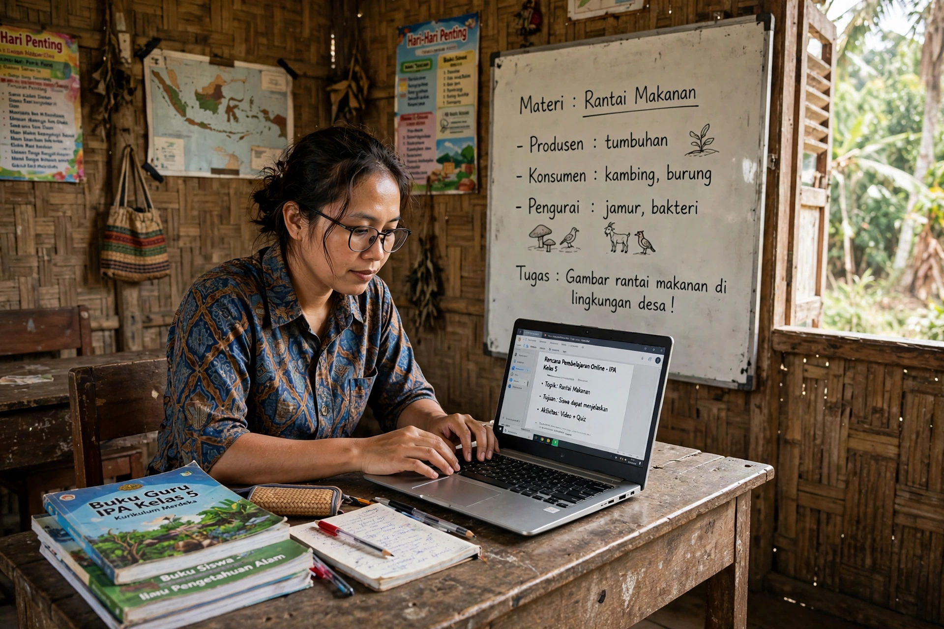 Guru desa menyiapkan materi belajar daring di laptop