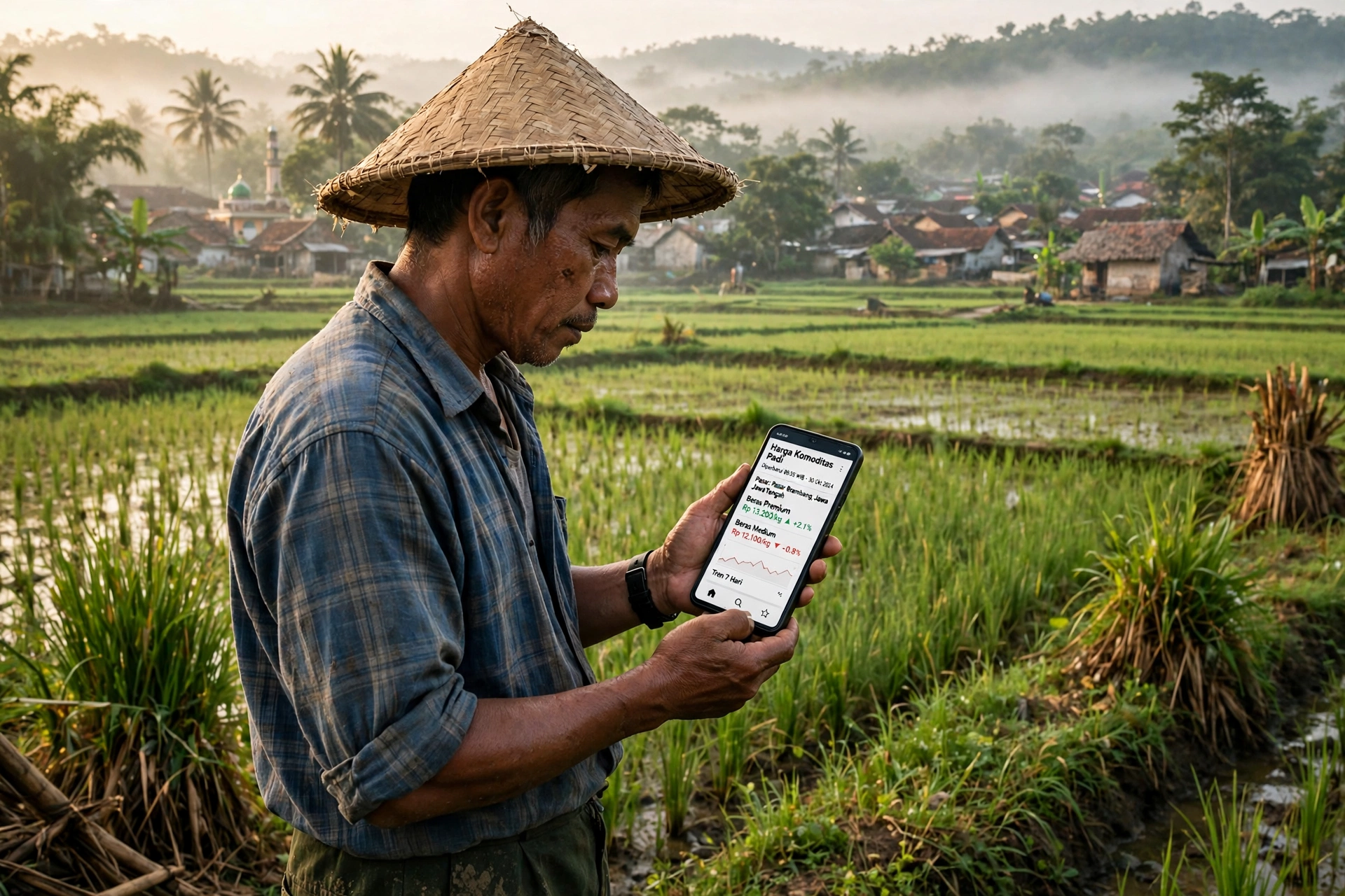 Petani desa memeriksa harga hasil panen lewat ponsel di sawah