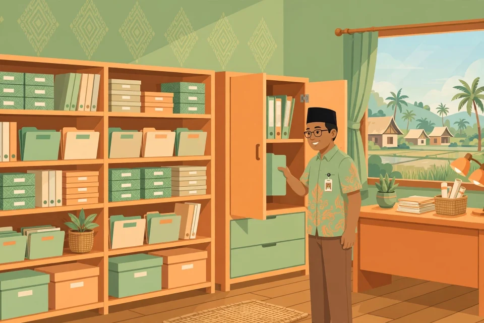 Ilustrasi ruang arsip desa yang rapi dengan rak berkas dan perangkat desa