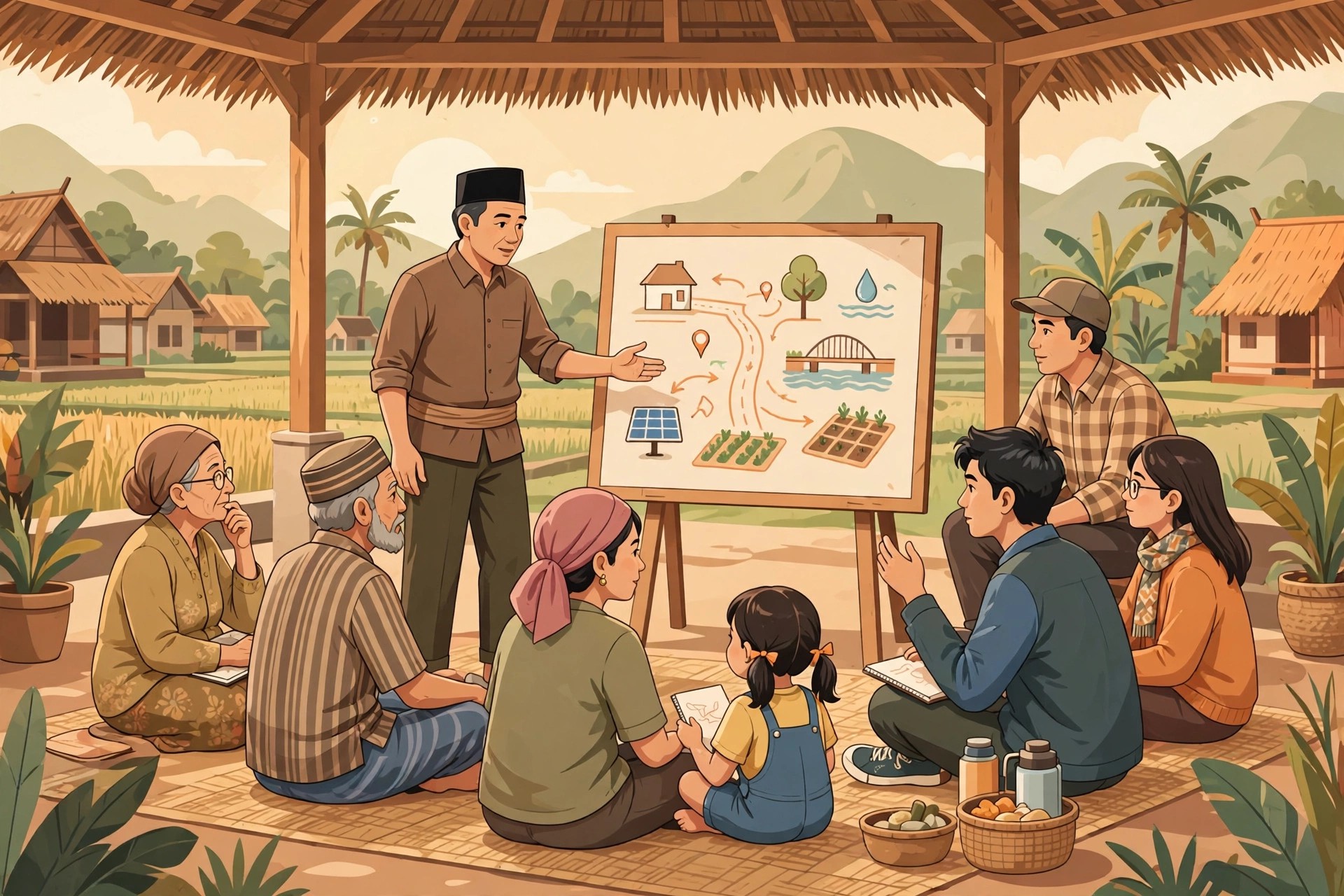 Ilustrasi musyawarah desa yang partisipatif antara perangkat desa dan warga