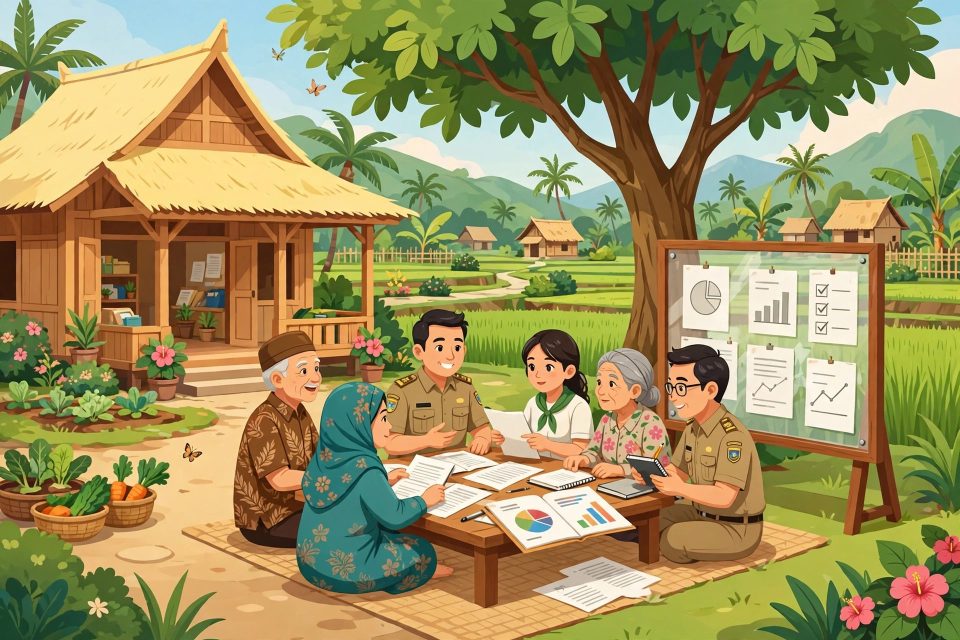 Ilustrasi tata kelola desa yang baik dengan balai desa dan warga bermusyawarah