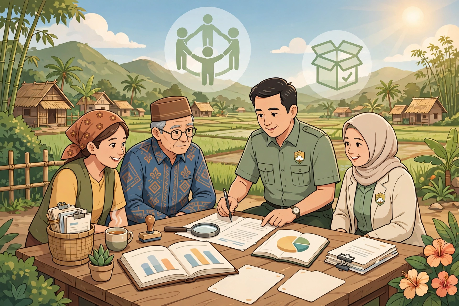 Perangkat desa dan warga memeriksa laporan keuangan desa secara terbuka