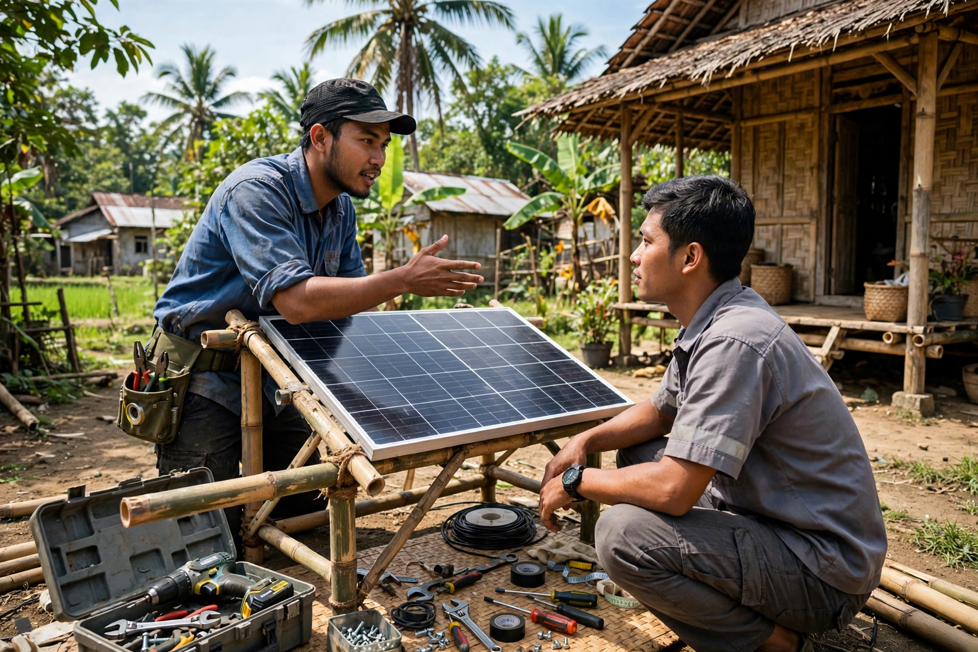 Teknisi desa memasang panel surya