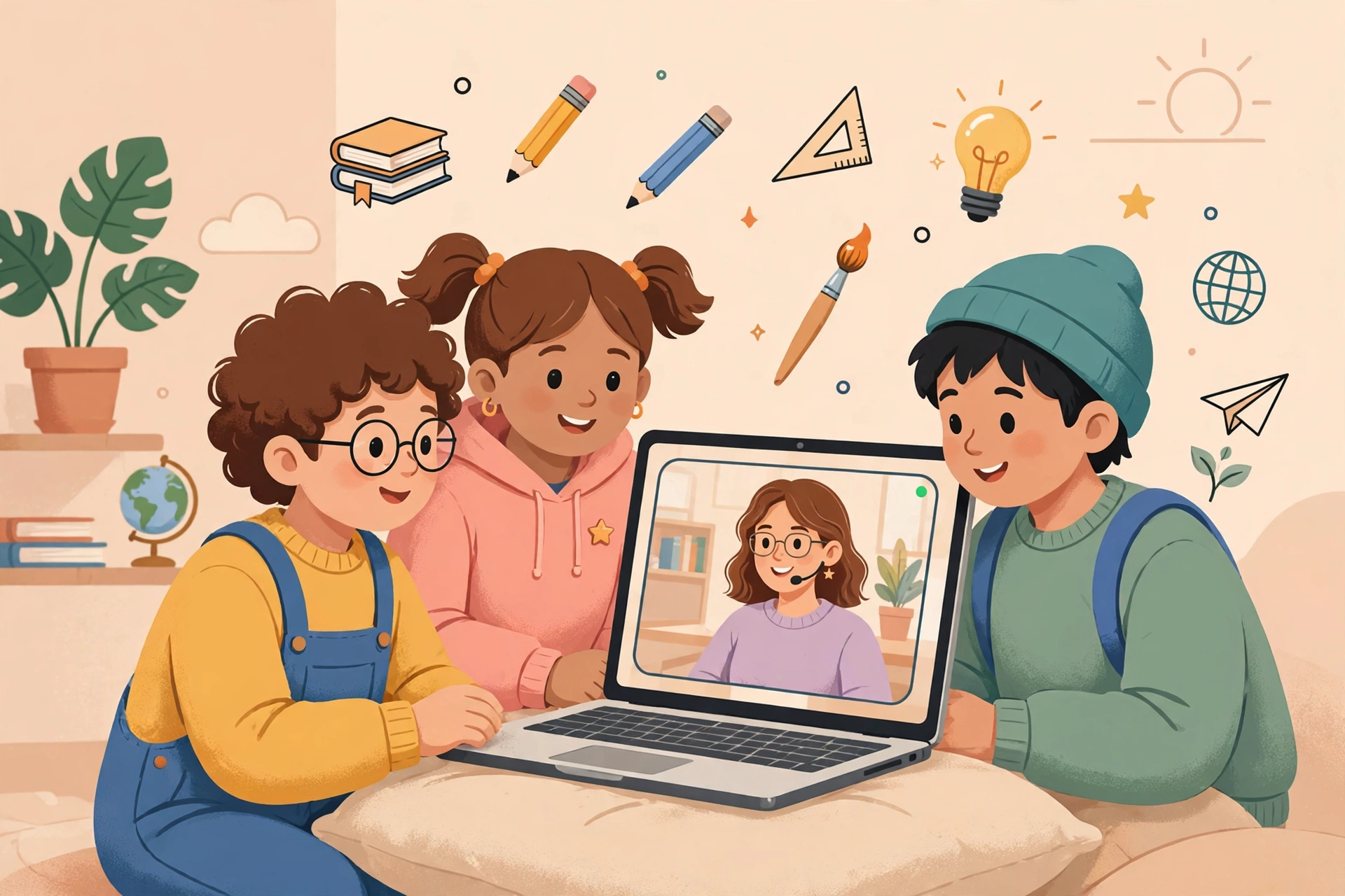 Anak-anak belajar online bersama guru melalui laptop