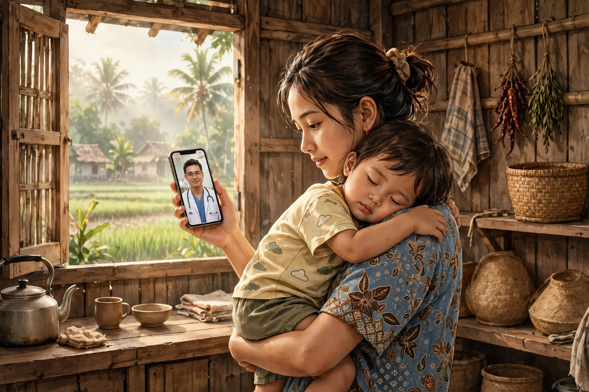 Seorang ibu di desa berkonsultasi dengan dokter lewat video call sambil menggendong anaknya