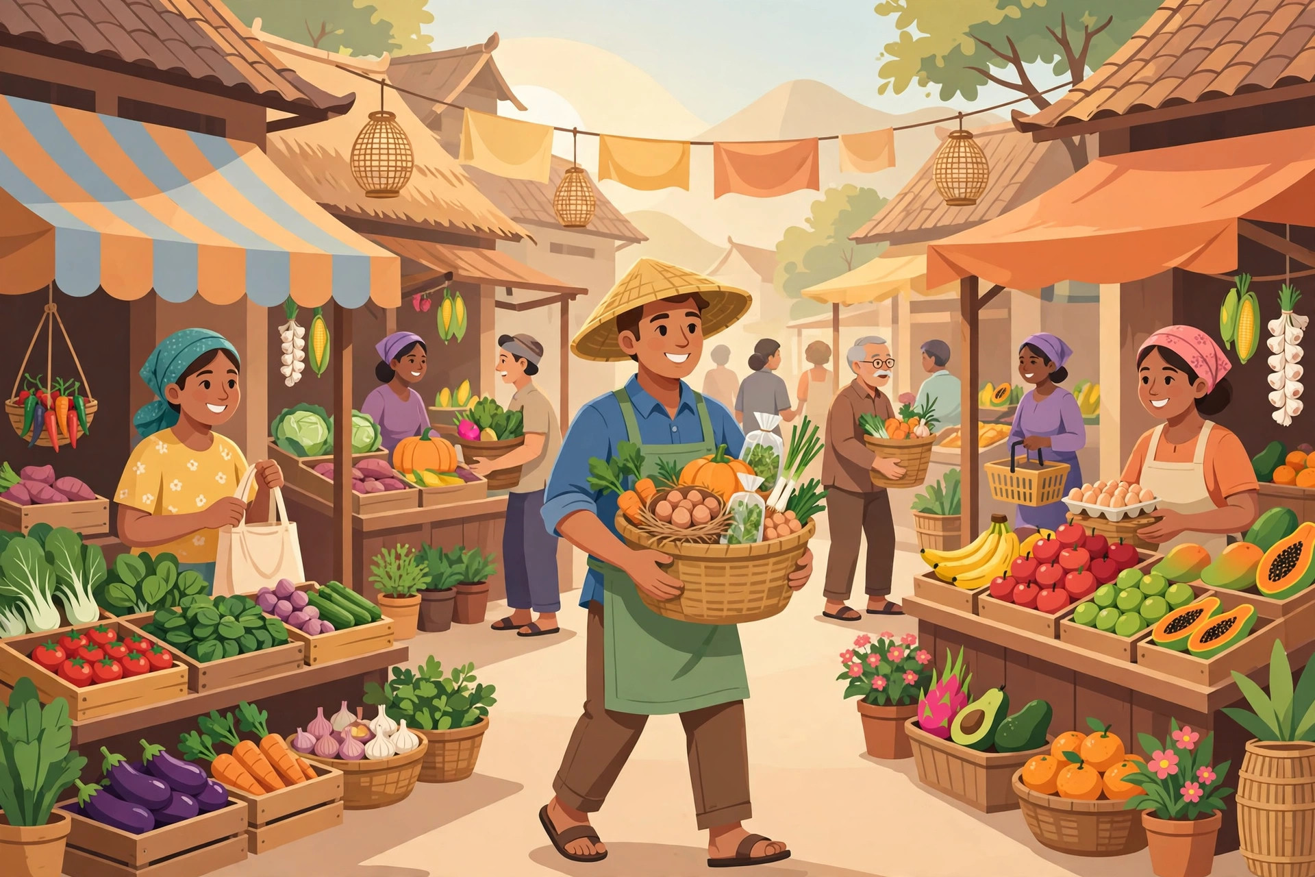 Petani desa membawa hasil ternak ke pasar tradisional