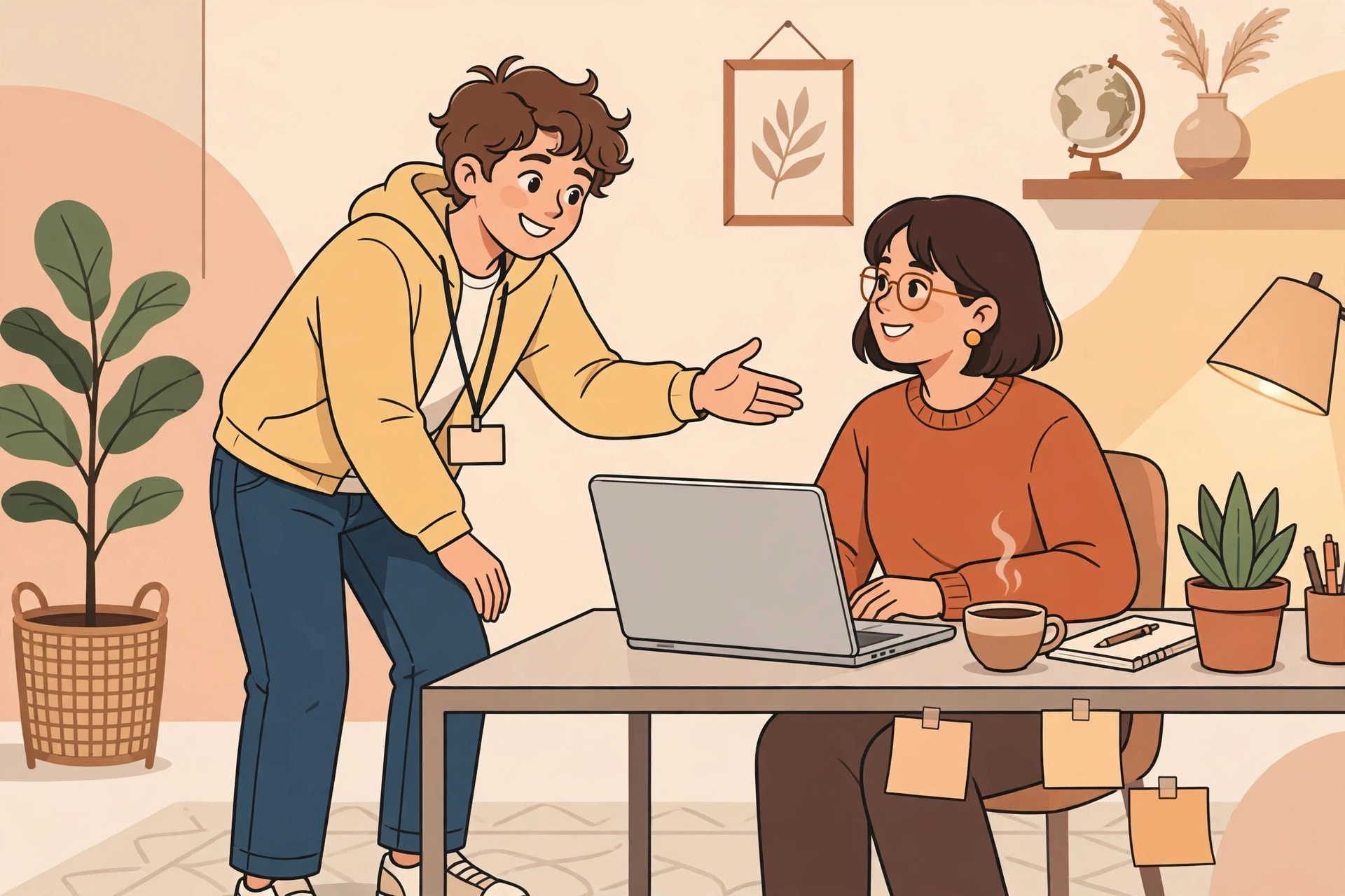 Ilustrasi anak magang yang proaktif membantu rekan kerja