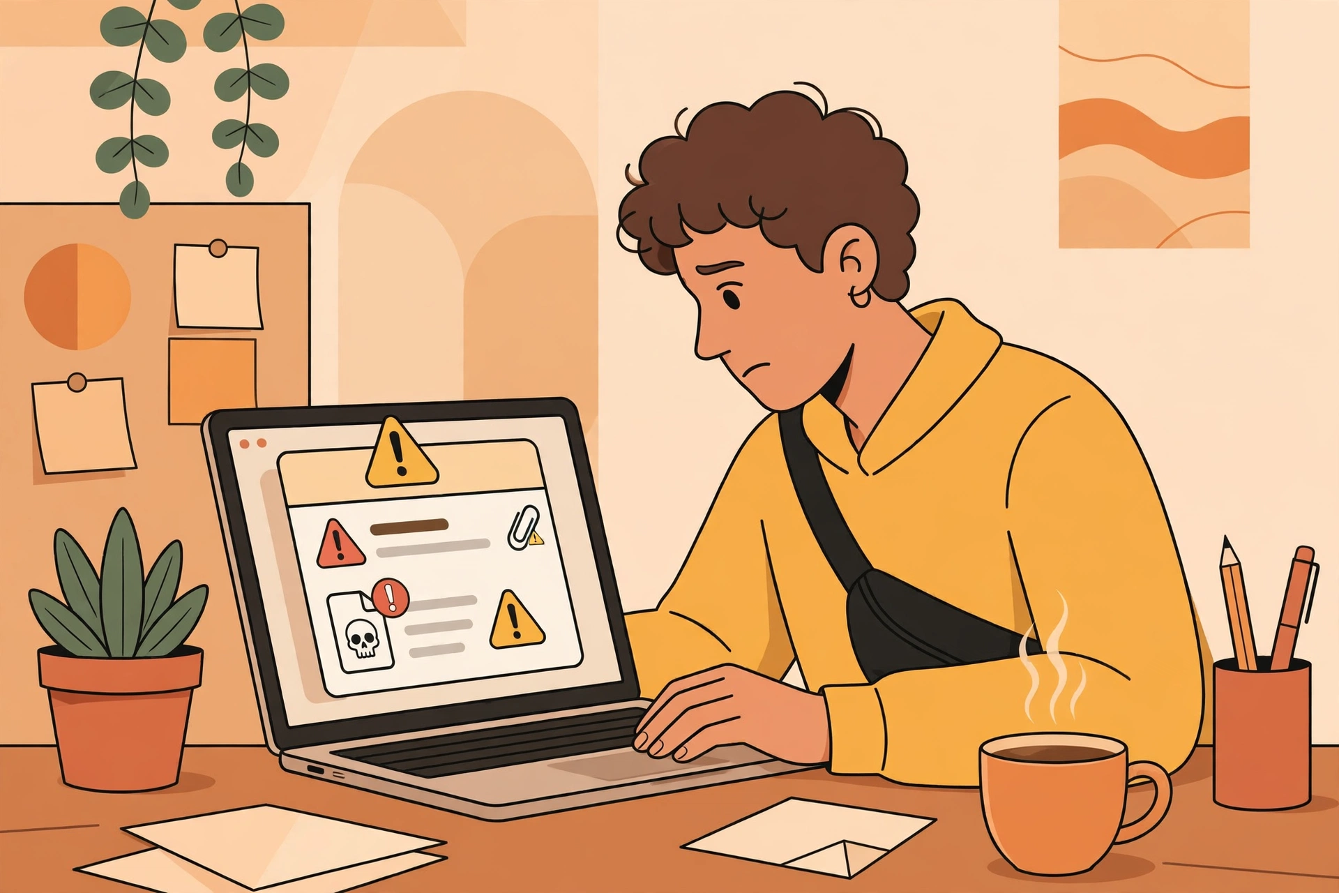 Ilustrasi seseorang memeriksa email mencurigakan di laptop dengan ikon peringatan