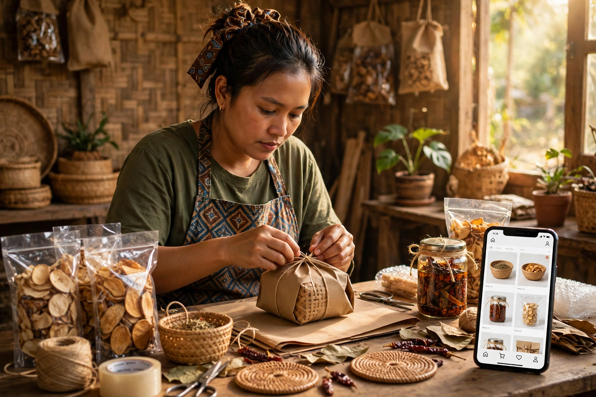 Pelaku UMKM desa mengemas produk sambil menyiapkan toko online